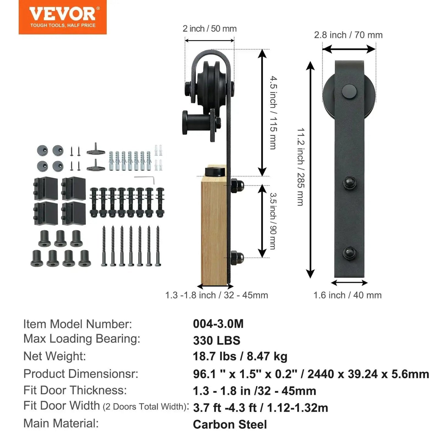 Sliding Barn Door Hardware Kit 8 Ft Heavy Duty Track Kit for Double Doors with Smooth Silent Pulley Display