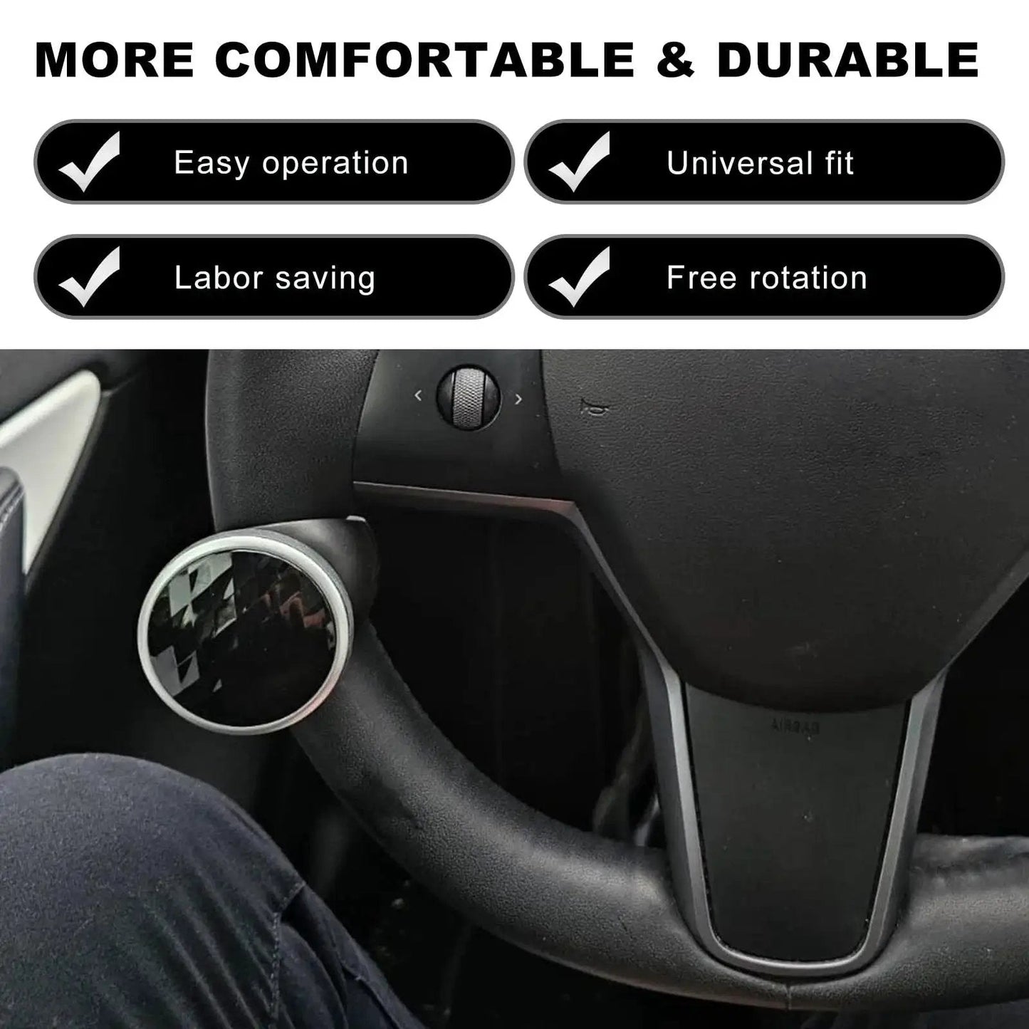 Durable Steering Wheel Spinner Knob For Easy One-Hand Driving, 360 Degree Rotation With Metal Bearing attached to car steering wheel.