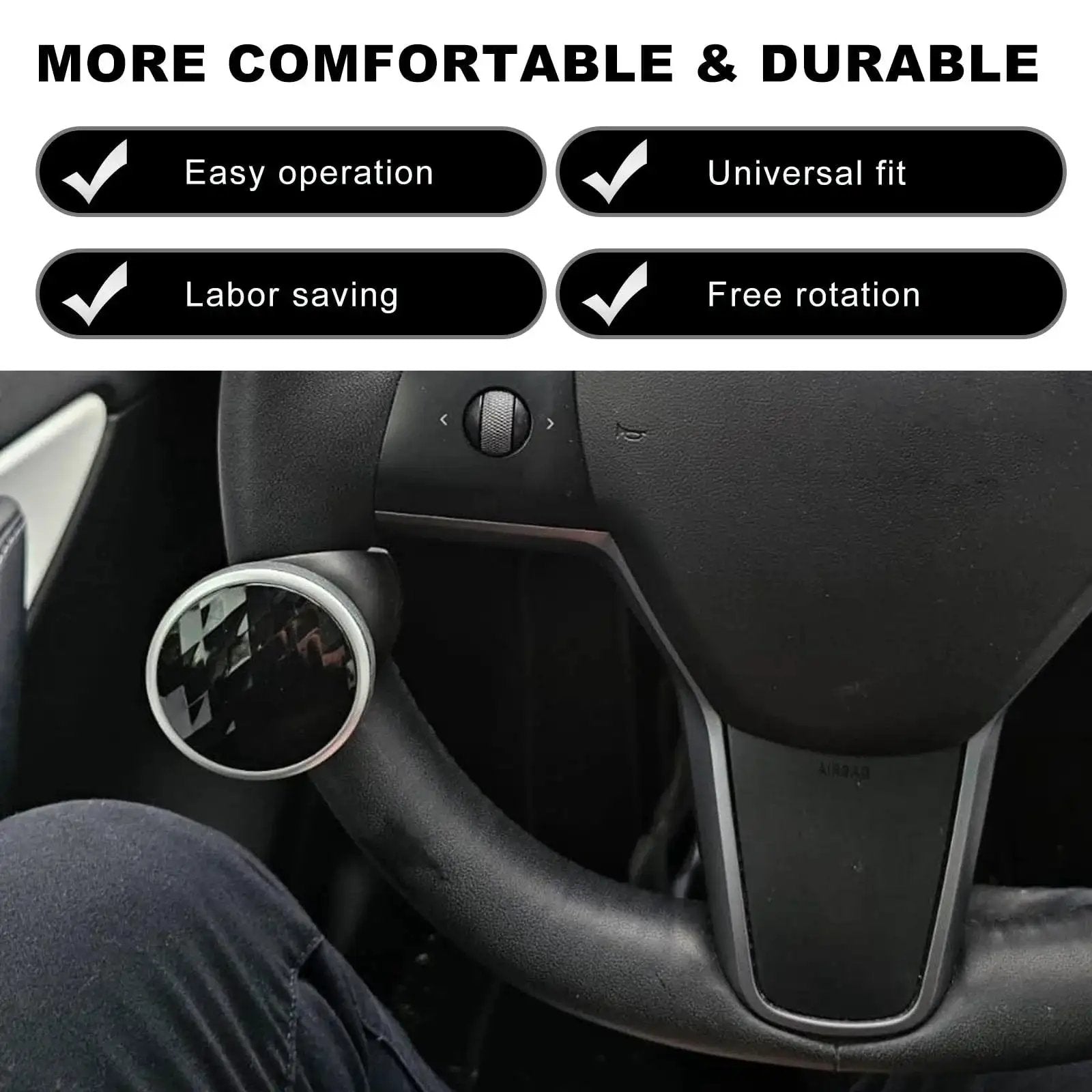 Durable Steering Wheel Spinner Knob For Easy One-Hand Driving, 360 Degree Rotation With Metal Bearing attached to car steering wheel.