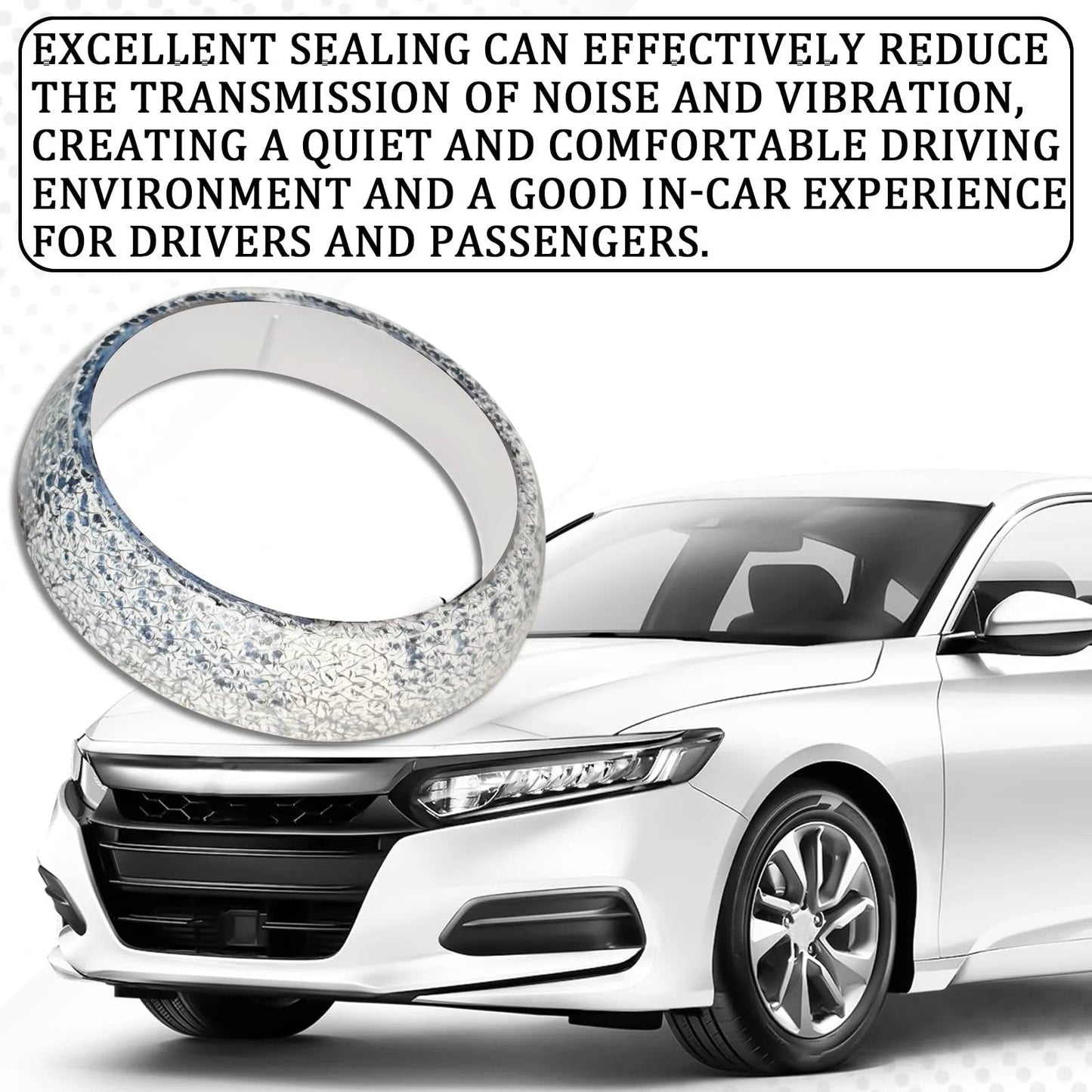 Universal 48mm Graphite Exhaust Flange Gasket Donut Seal for SUV Truck RV shown next to a car, with text highlighting its benefits.