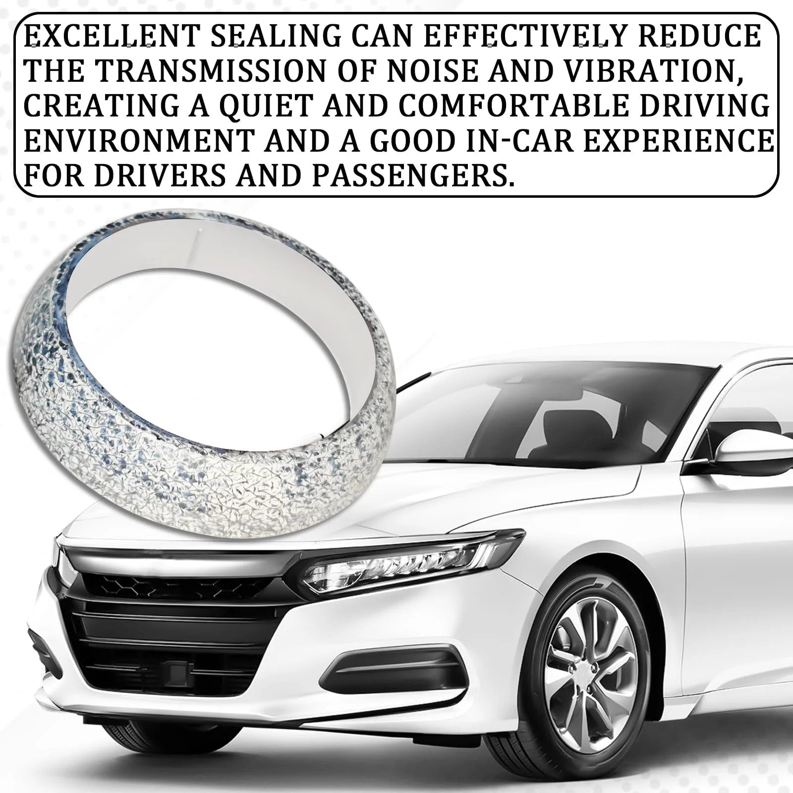 Universal 48mm Graphite Exhaust Flange Gasket Donut Seal for SUV Truck RV shown next to a car, with text highlighting its benefits.