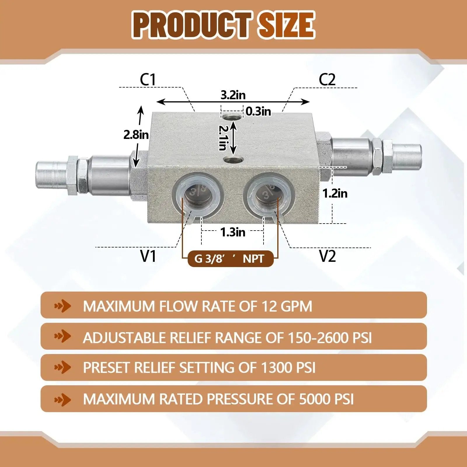 Front view of Dynamic Dual Crossover Hydraulic Relief Cushion Valve Designed For 12 GPM High Flow Hydraulic Circuits With Three Eighths Inch NPT Ports