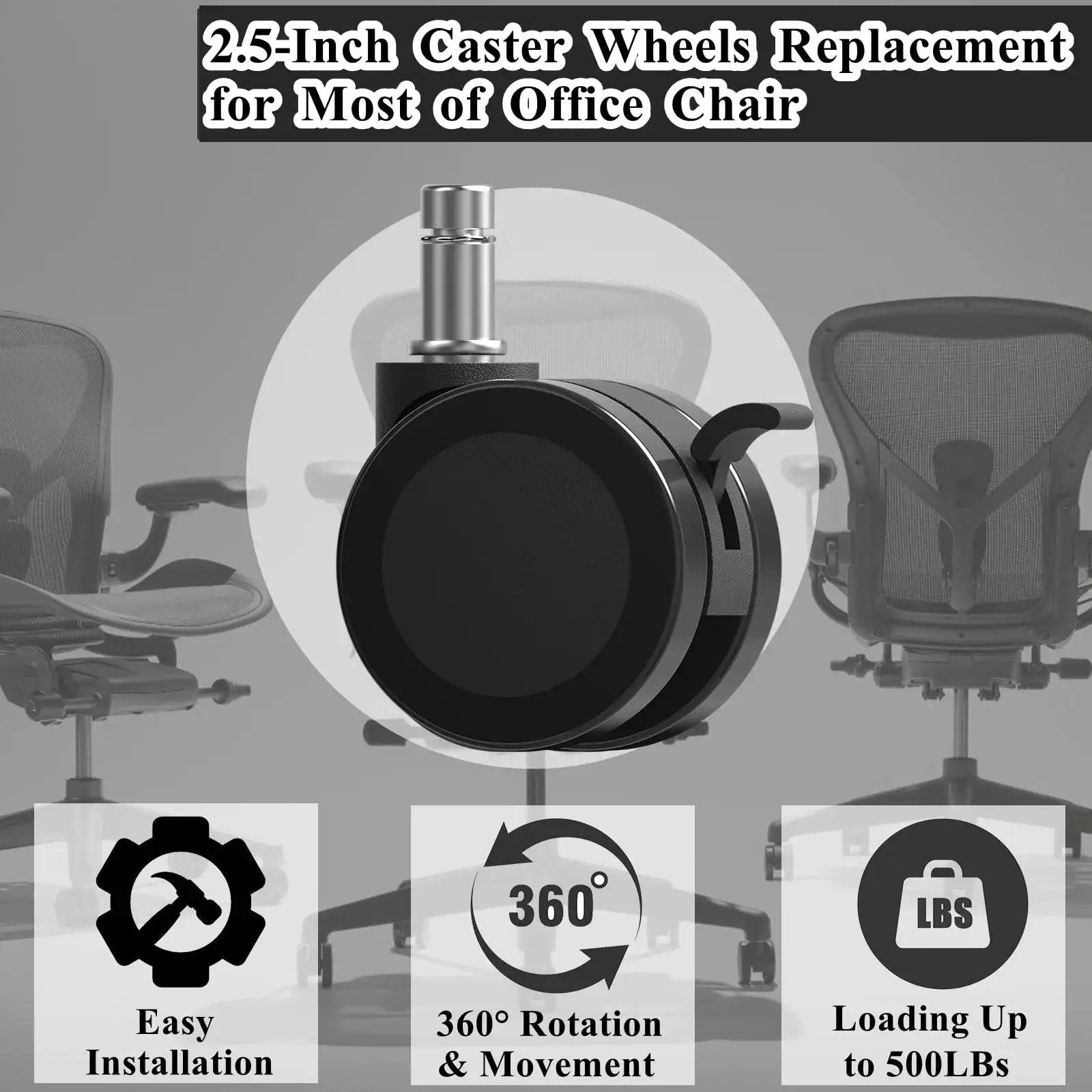 Office Chair Wheels With Brakes 2.36 Inch Diameter Locking Caster Replacement Set Of Five For Carpet And Hardwood Floors With Universal 7/16 Inch Stem 11mm Fit Standard Office Chairs And Stools For Smooth Rolling And Secure Braking, close-up view of black caster wheel with brake.