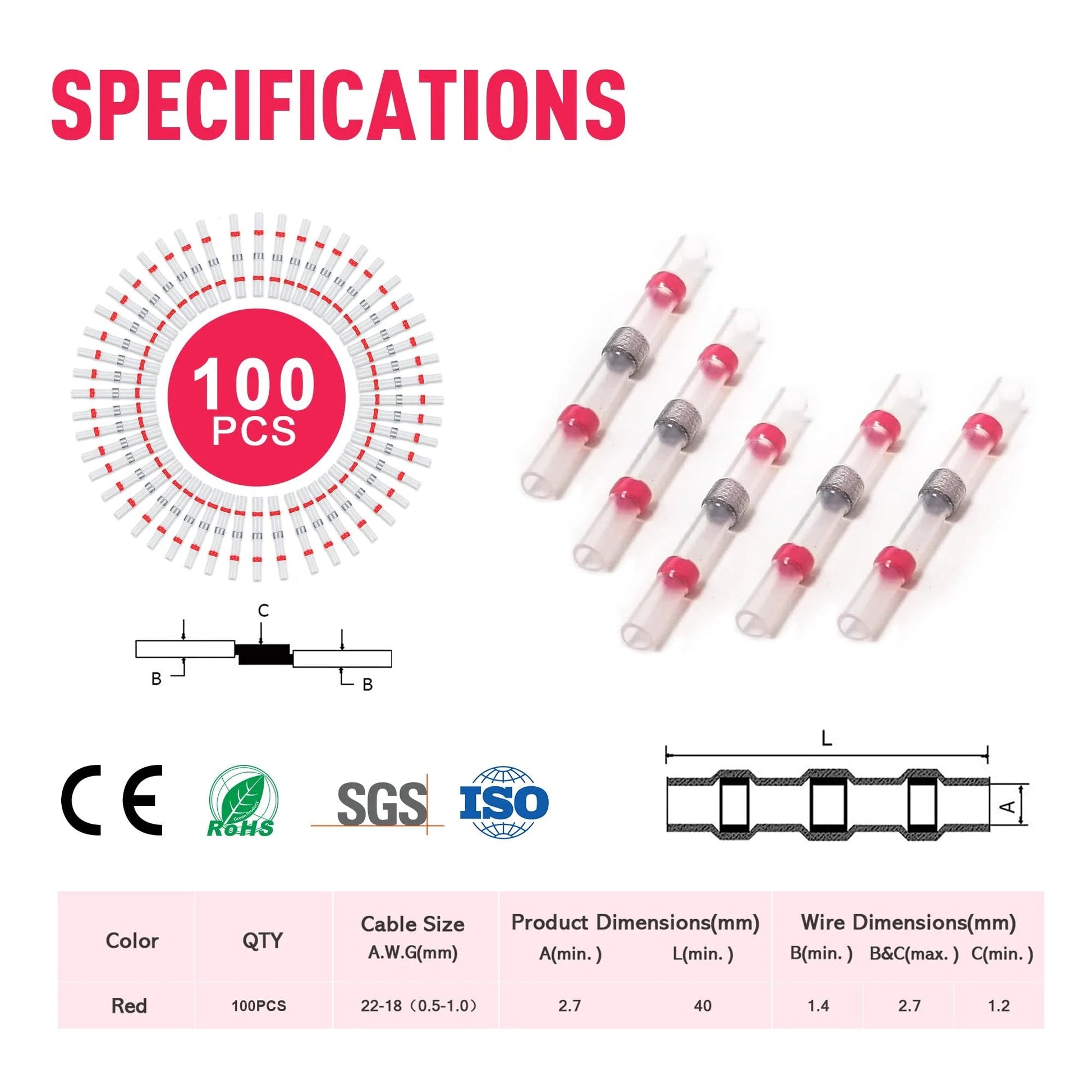 Solder Seal Wire Connectors Kit For Marine And Auto, 100 Pcs Red Heat Shrink Butt Connectors AWG 22-18 specifications