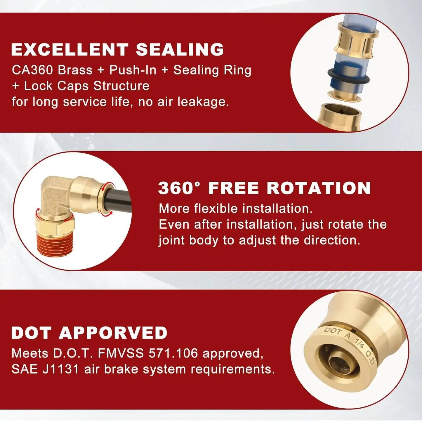 Brass Push To Connect 90 Deg Elbow Fittings 1/4 In OD To NPT DOT Approved 2 Pack with CA360 brass and sealing ring