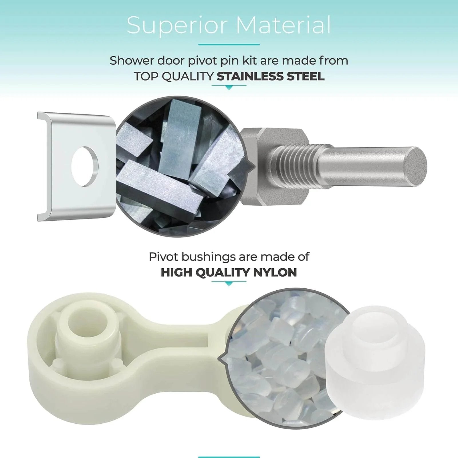 Shower Door Repair Kit With Pivot Pins And Bushings For Framed And Swing Doors Stainless steel pivot pin and nylon bushing materials shown.