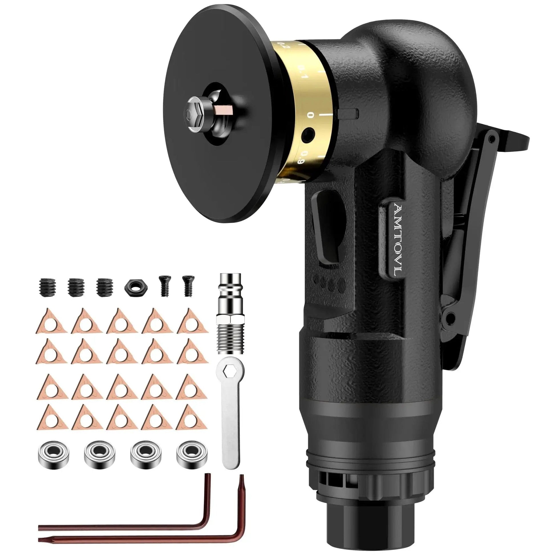 Ultra Compact Pneumatic Chamfering Tool Kit With Ten C Angle And Ten R Angle Blades Delivers Precise 0.1 To 0.5 Millimeter Right Angle Chamfers And 1.5 Millimeter Round Edge Chamfering For Metal And Wood, Speed Settings, 30,000 RPM, Quarter Inch Inlet components displayed.
