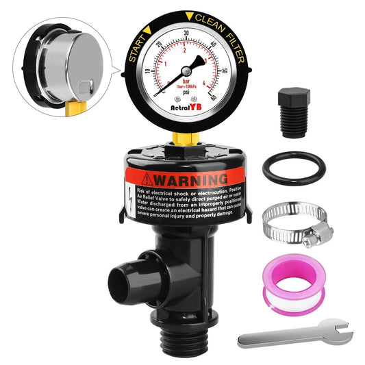 Manual Pool Filter Air Relief Valve with Waterproof Stainless Steel Pressure Gauge shown with installation parts.