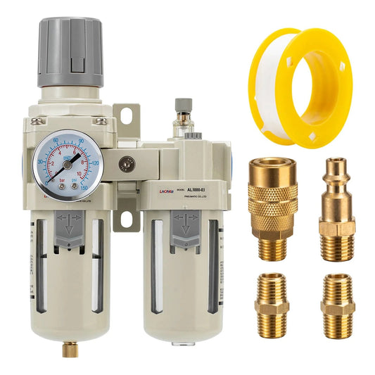 Pro Grade All In One FRL Air Filter Regulator Lubricator For Pneumatic Systems With 0-150 PSI Pressure Gauge Front View