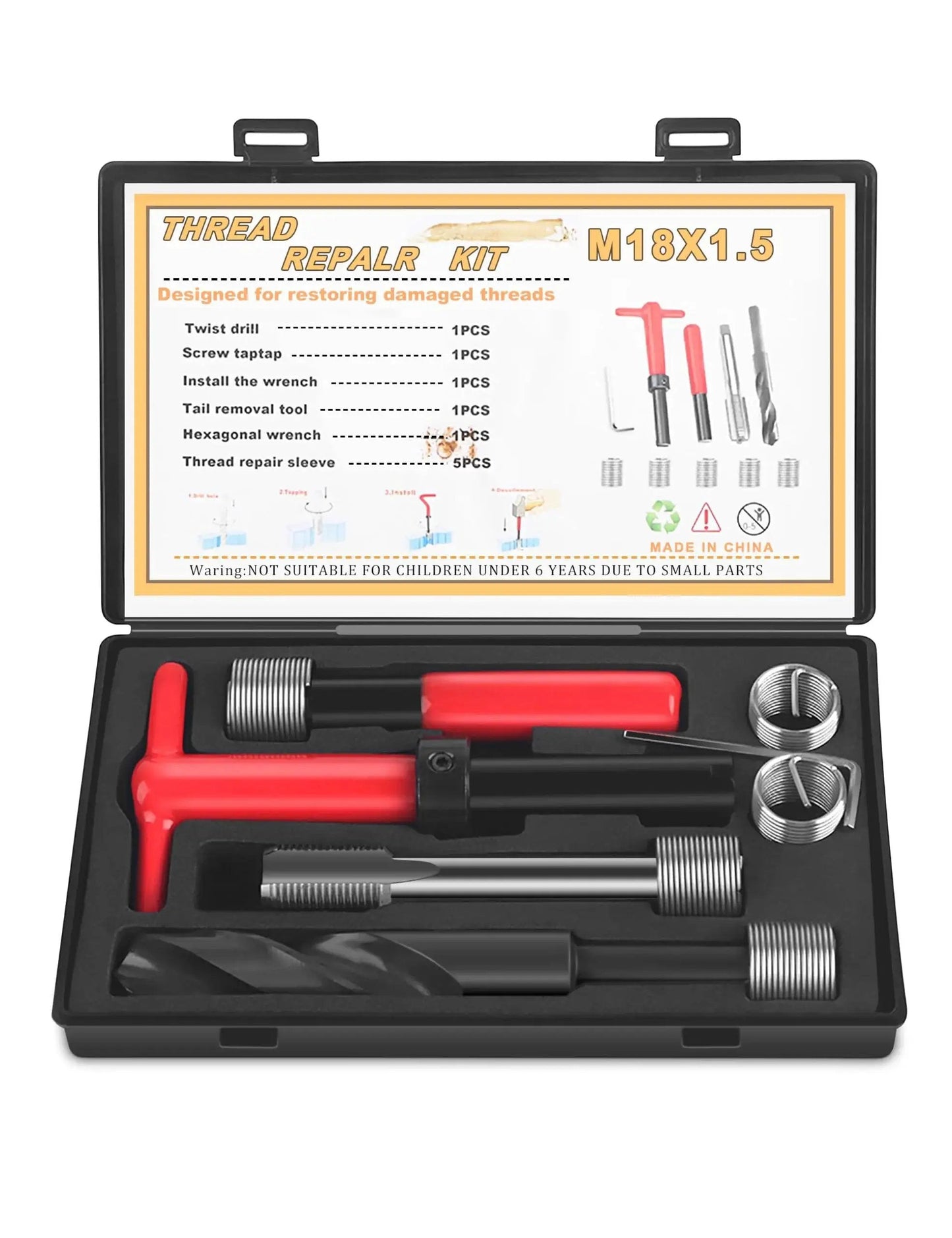 M18x1.5 Thread Repair Kit 10 Piece Helicoil Set With Thread Chaser Portable Metric Inserts For Auto Repair in open case