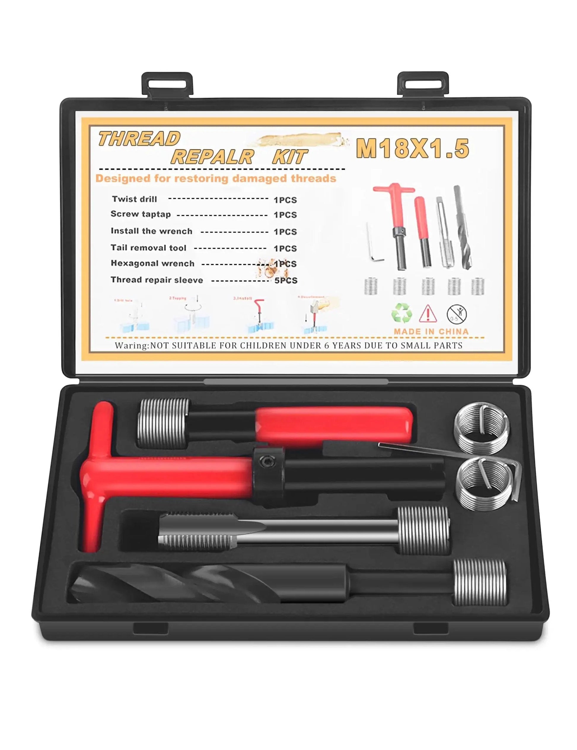 M18x1.5 Thread Repair Kit 10 Piece Helicoil Set With Thread Chaser Portable Metric Inserts For Auto Repair in open case