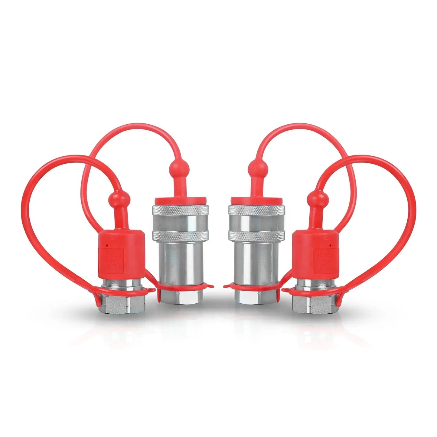 Half Inch Hydraulic Quick Connect Tractor Coupler ISO 7241 A Ball Valve Pioneer Type With Two Dust Caps shown in silver and red design.