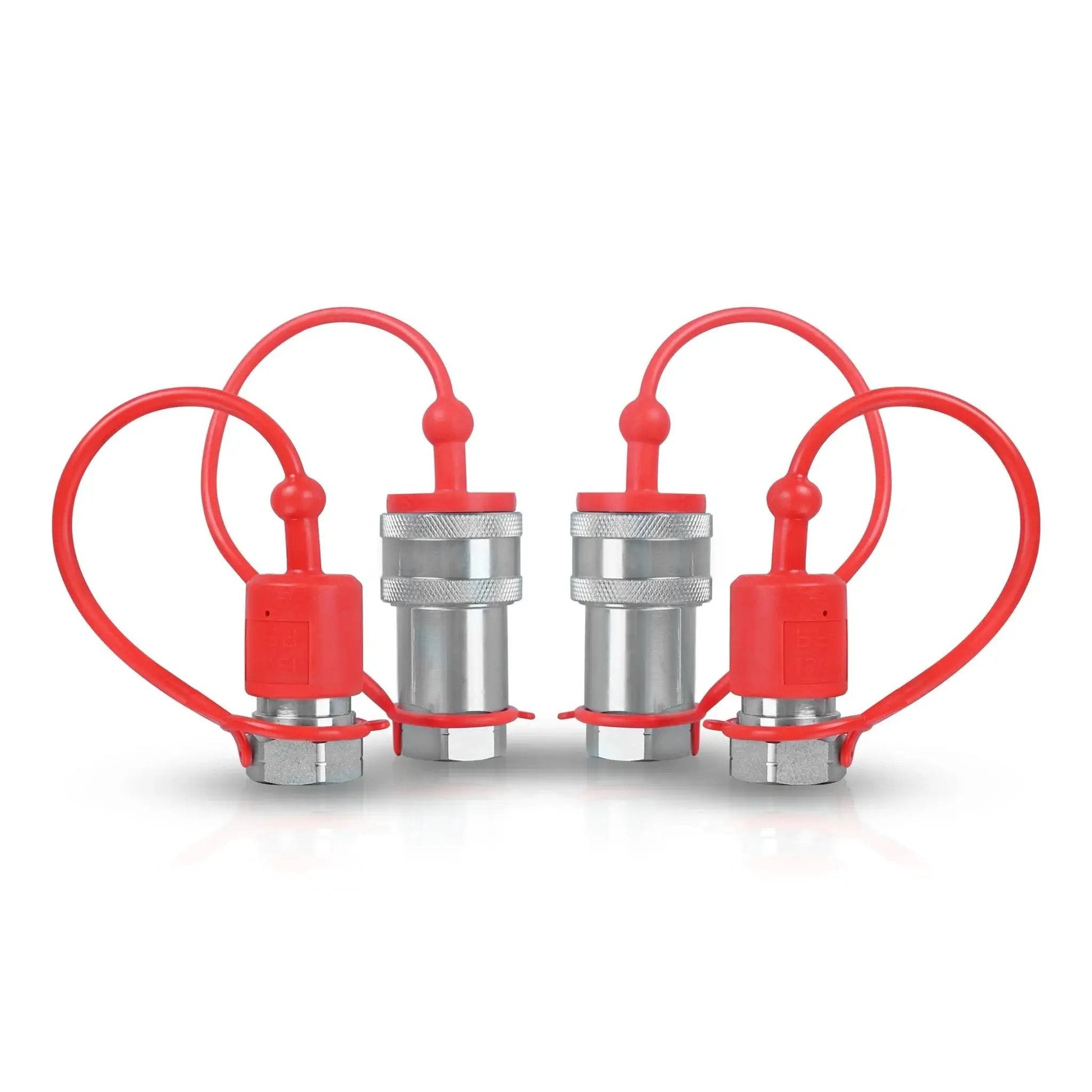 Half Inch Hydraulic Quick Connect Tractor Coupler ISO 7241 A Ball Valve Pioneer Type With Two Dust Caps shown in silver and red design.