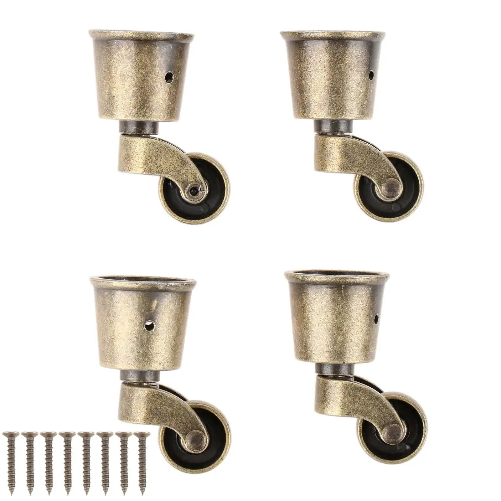 Vintage Bronze Swivel Cup Caster Set 4 Pieces, Universal Metal Pulley Wheel Casters For Chairs Tables Sofas Cabinets And Other Furniture Hardware, Anti Rust Zinc Alloy Construction For Durable, Smooth Rolling Movement, shown with mounting screws.