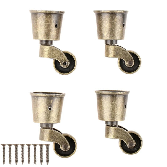 Vintage Bronze Swivel Cup Caster Set 4 Pieces, Universal Metal Pulley Wheel Casters For Chairs Tables Sofas Cabinets And Other Furniture Hardware, Anti Rust Zinc Alloy Construction For Durable, Smooth Rolling Movement, shown with mounting screws.