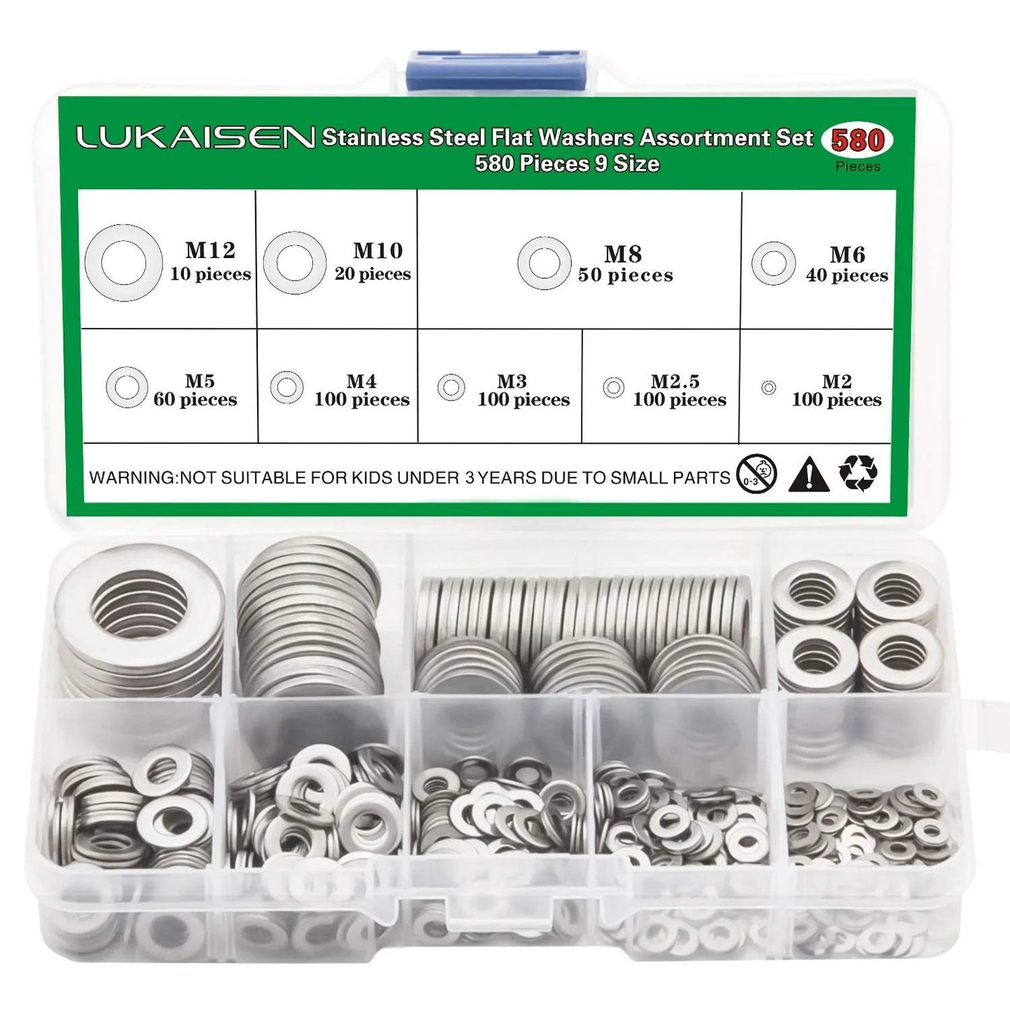 304 Stainless Steel Flat Washers Set 580 Pieces in 9 Sizes M2 M2.5 M3 M4 M5 M6 M8 M10 M12 Go To Gear For Home Repairs Kitchens Shops Outdoor Construction And Factory Projects