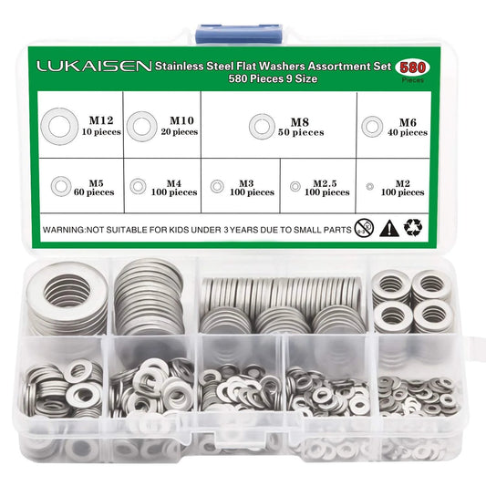 304 Stainless Steel Flat Washers Set 580 Pieces in 9 Sizes M2 M2.5 M3 M4 M5 M6 M8 M10 M12 Go To Gear For Home Repairs Kitchens Shops Outdoor Construction And Factory Projects