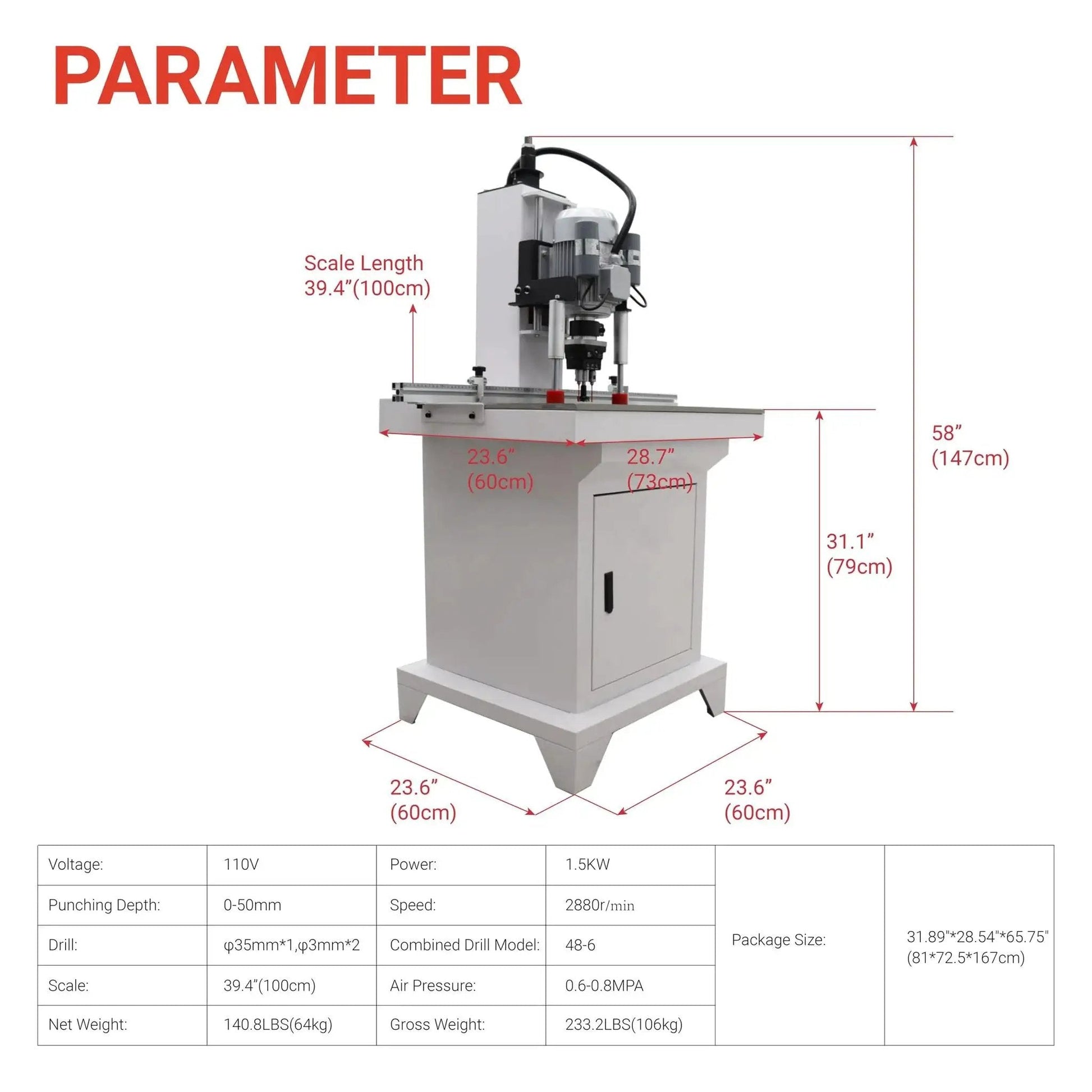 Diagram of Pro Grade Pneumatic Hinge Drilling Machine For Furniture And Cabinet Installations, 110V, 1.5KW.