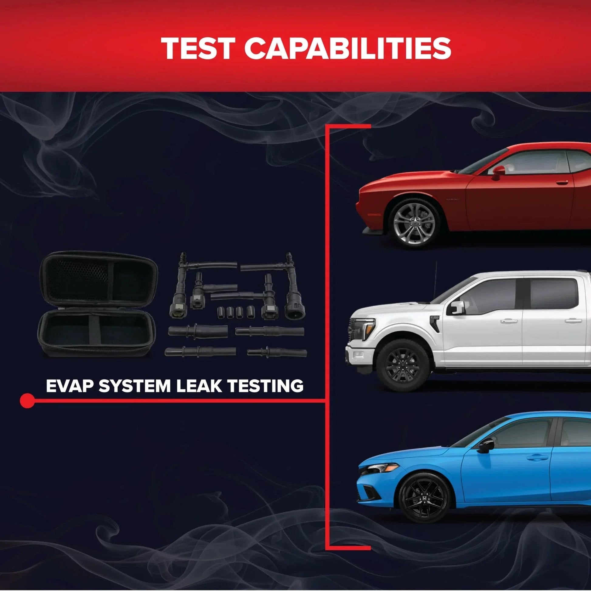 Universal EVAP System Leak Detection Kit For Any Automotive Smoke Machine, Pro Grade Tool 9.89-12.6mm with Car Test Setup
