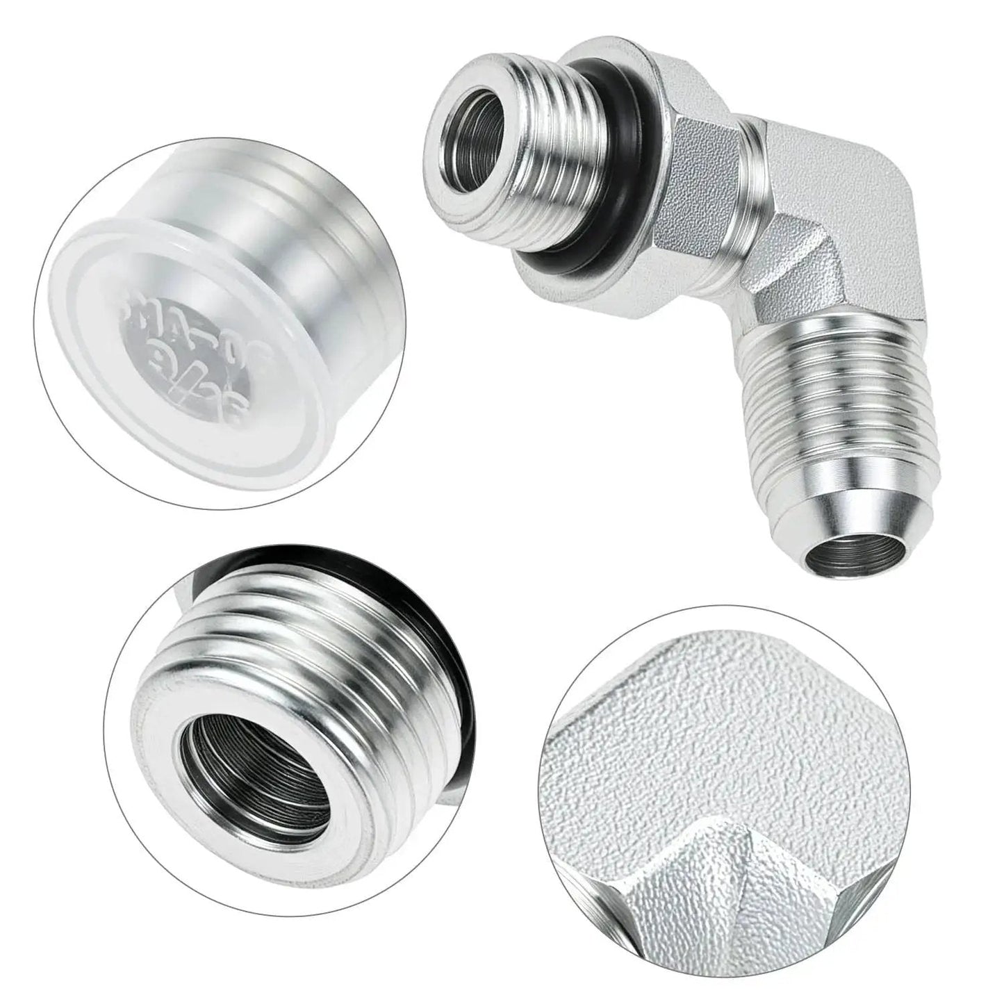 Close-up of 90 Degree Elbow Hydraulic Hose Fittings Set Ten Pieces Three Eighths Inch JIC Thirty Seven Degree Male End To Six SAE ORB
