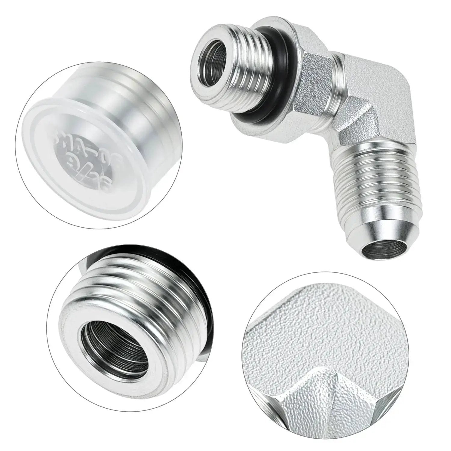 Close-up of 90 Degree Elbow Hydraulic Hose Fittings Set Ten Pieces Three Eighths Inch JIC Thirty Seven Degree Male End To Six SAE ORB