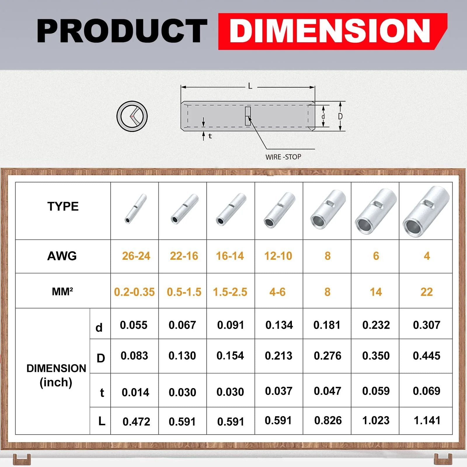 Product dimension chart for Non Insulated Butt Connectors for 22 to 16 AWG, showing sizes and specifications.