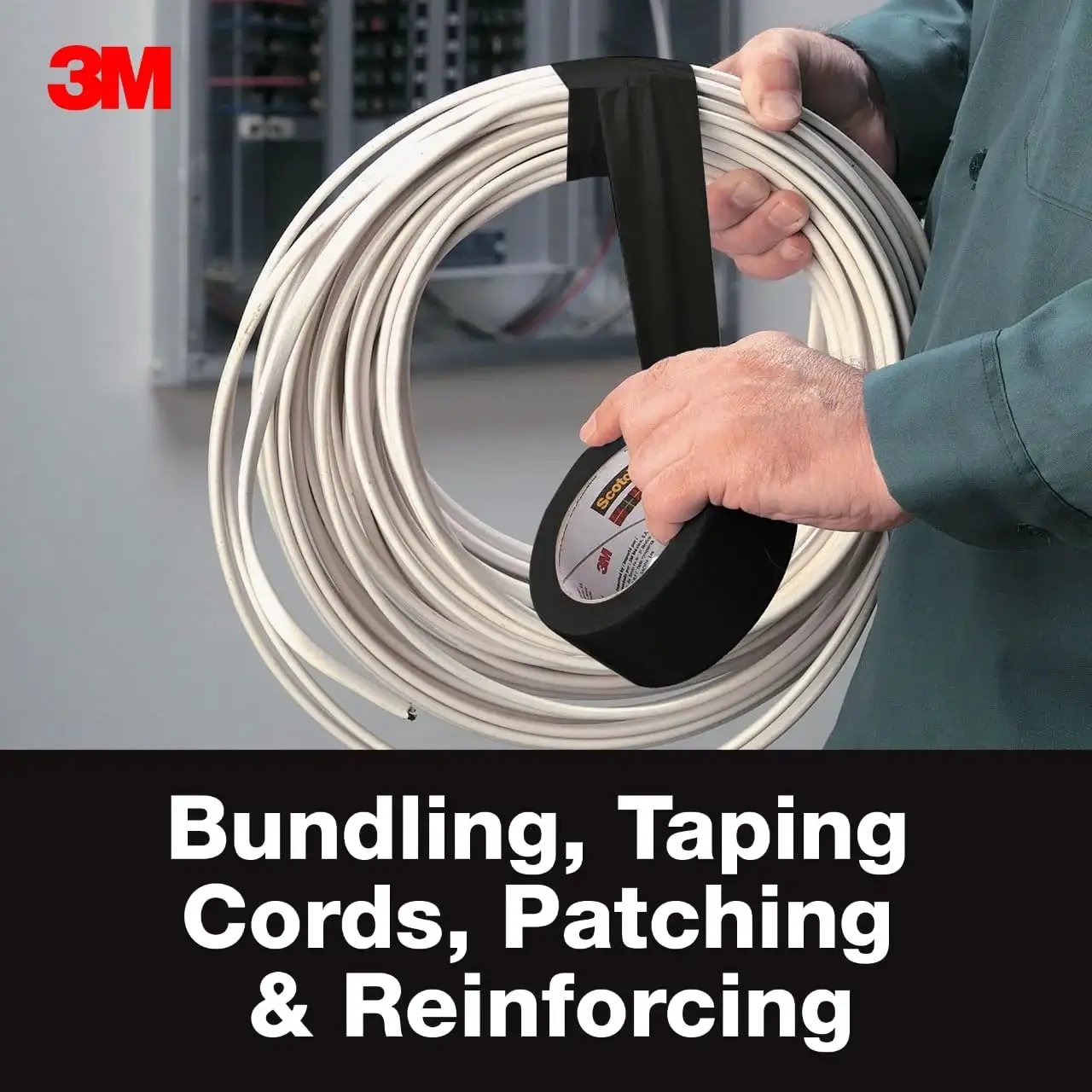 Person using Black Duct Tape 1.88 Inch By 20 Yard Roll For Indoor And Outdoor Use to bundle cables