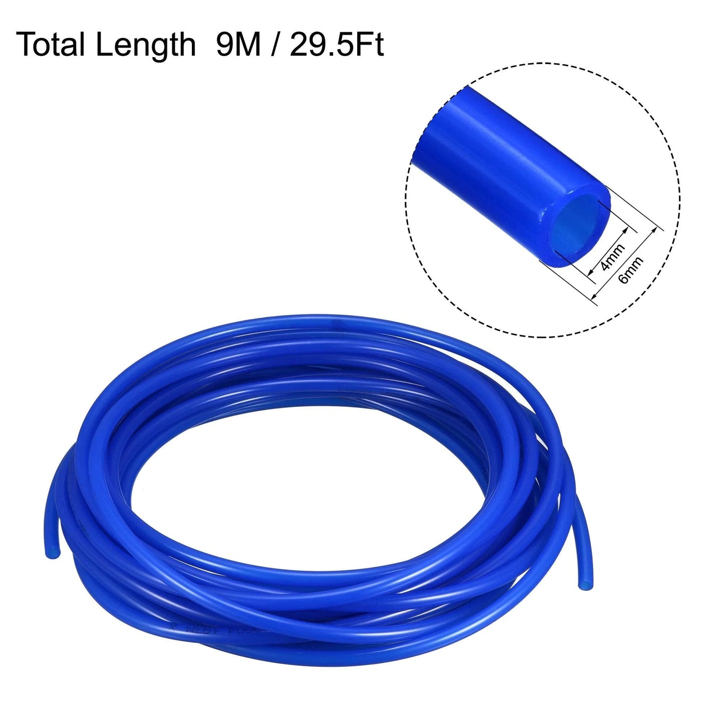 Polyurethane Air Hose 6mm OD 4mm ID 9m Blue Flexible Pneumatic Tubing For Air Compressors And Tools shown coiled with close-up inset