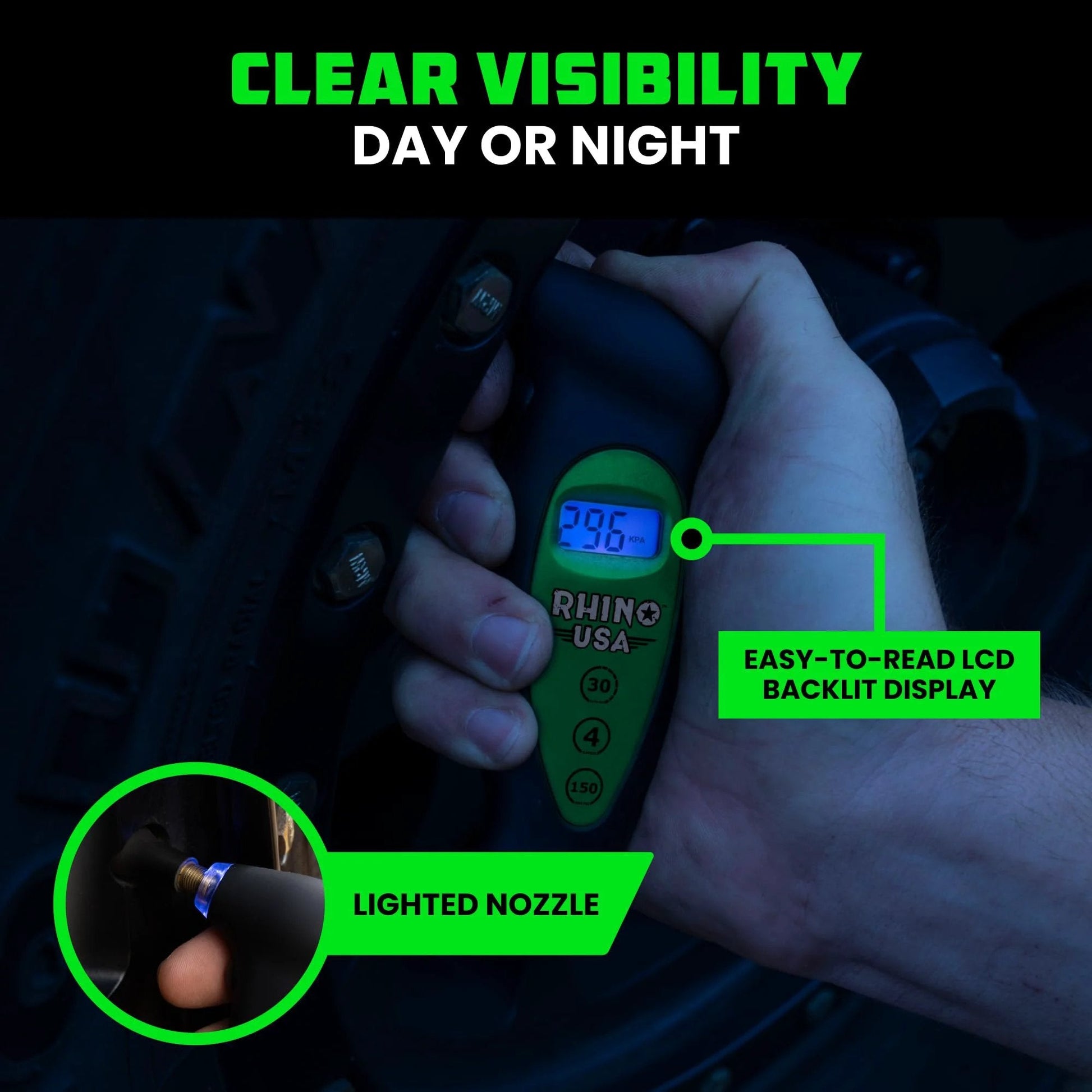 Digital Tire Pressure Gauge 150 PSI With Lighted Nozzle And Backlit LCD Display showing reading on tire, ergonomic grip