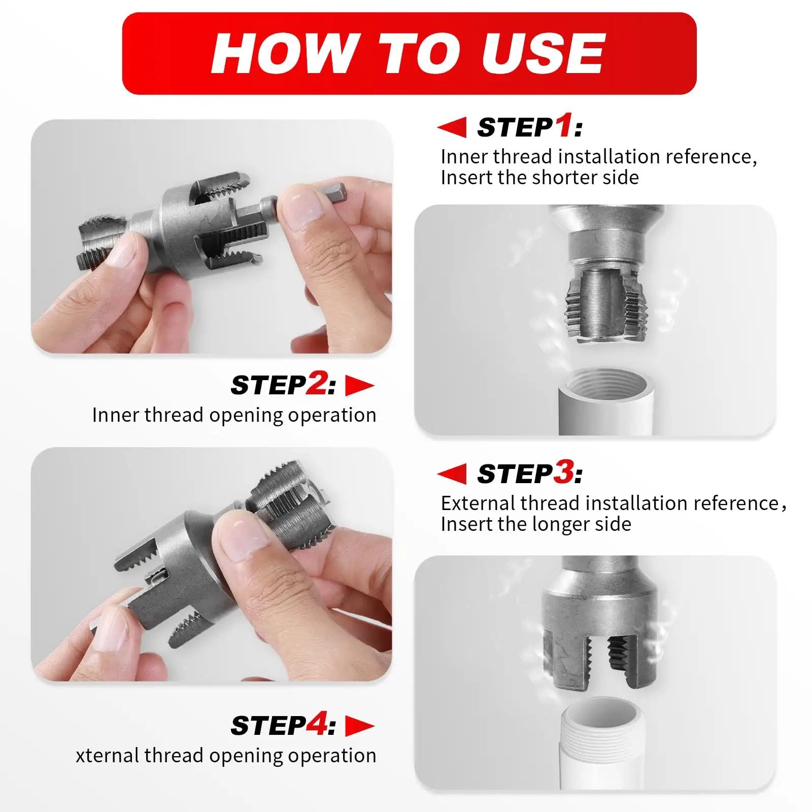Two Piece Pipe Threading Tool Kit For Water Pipes With Half Inch And Three Quarter Inch Internal And External Threaders Alloy Steel Construction Drill Compatible Grab And Go DIY Plumbing Solution For Home And Pro Projects with step-by-step usage instructions