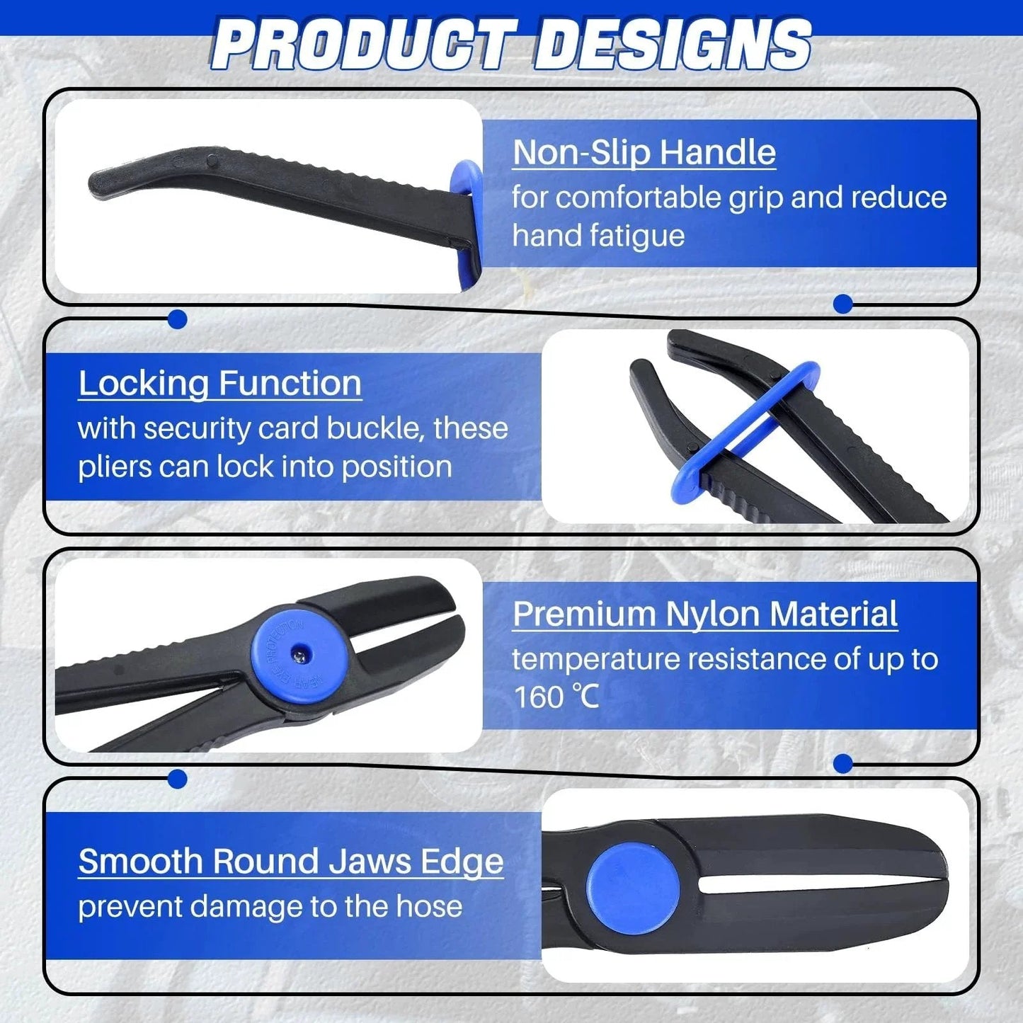 Three Pack Hose Pinch Off Pliers Set With Five Point Nine Inch Seven Point Three Inch And Ten Inch Straight Fuel Line Clamp Pliers featuring ergonomic non-slip handles and wide jaw openings, highlighting non-slip handle, locking function, premium nylon material, smooth round jaw edge.