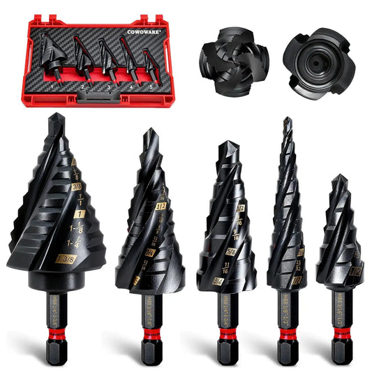 Step Drill Bit Set For Metal With Four Spiral Flute Bits 5-Piece 0.125 To 1.375 Inch Range AITIN Coated Hex Shank 0.25 Inch