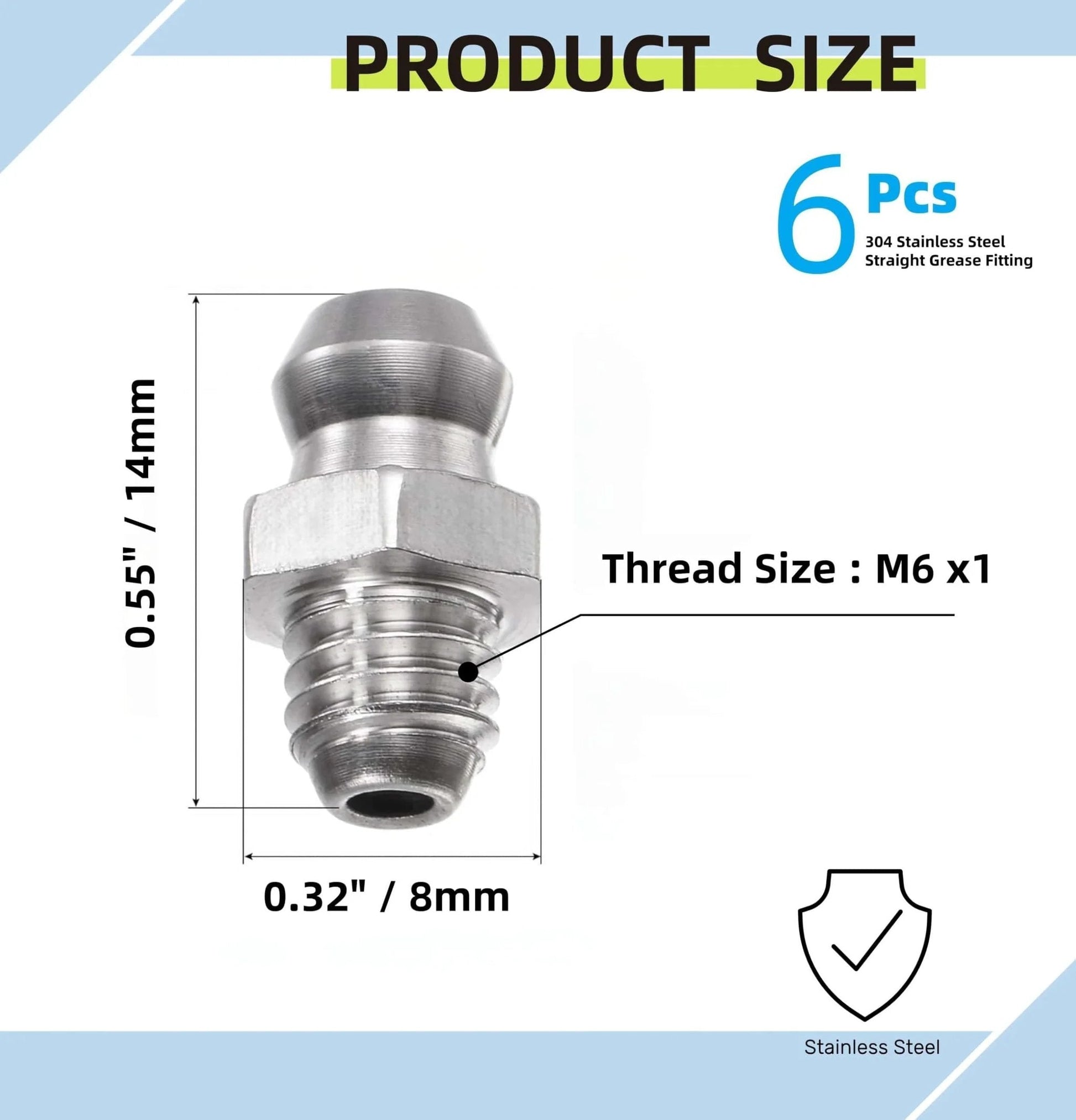 Six Pack 304 Stainless Steel Straight Grease Fittings M6 X 1mm Thread With Ten Dust Cover Caps For Hydraulic Systems