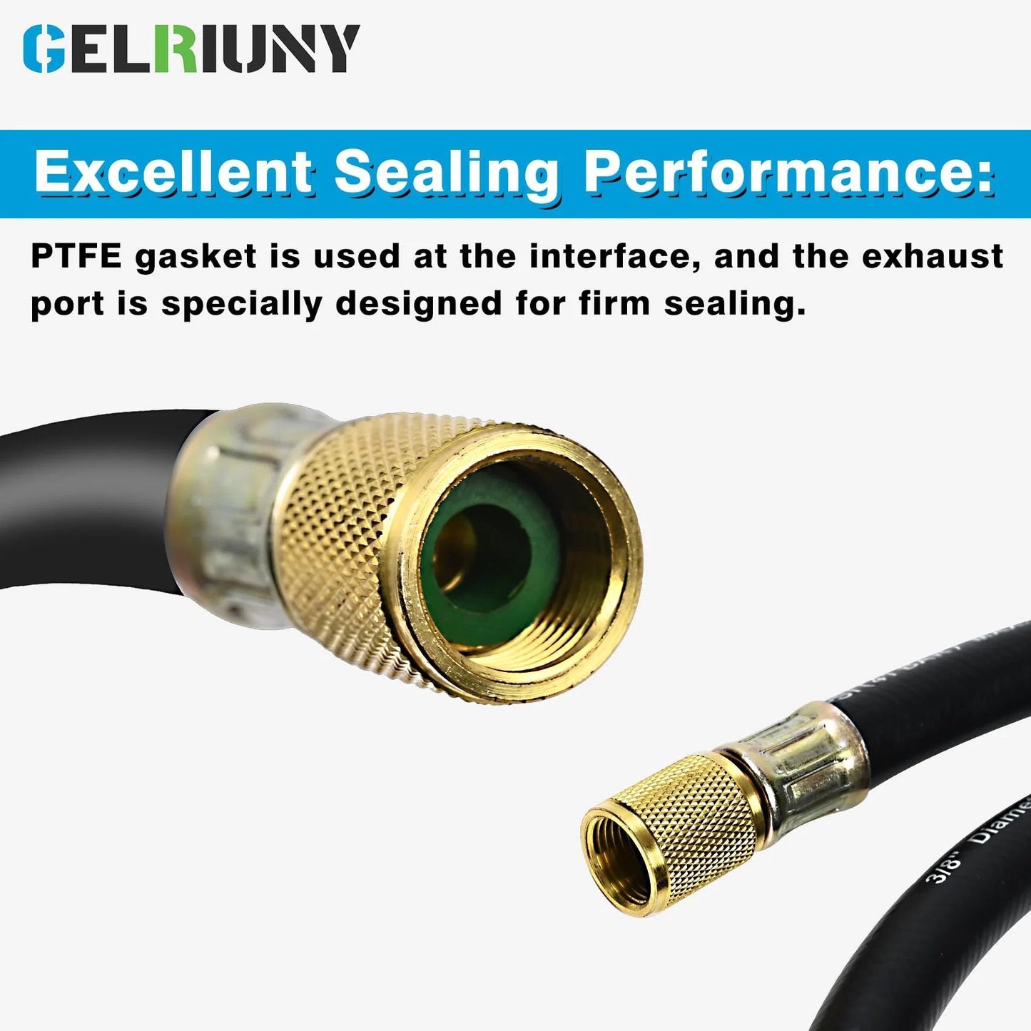 Close-up of Upgraded 15660 Three Eighths Inch Heavy Duty Vacuum Hose for HVAC with PTFE gasket and fittings.