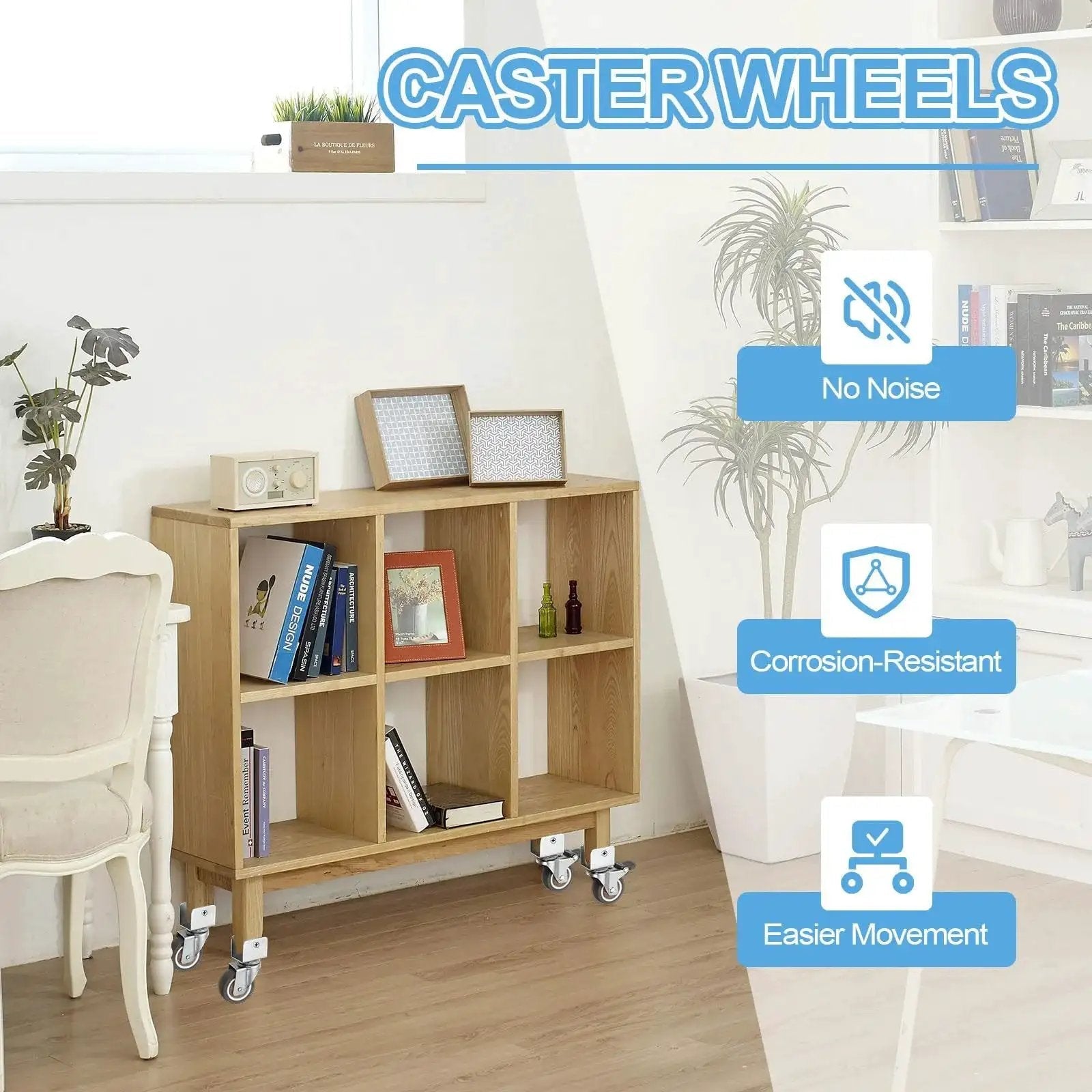 Wooden cabinet on 2 inch caster wheels 4 pack with 2 brakes and 2 swivel casters for furniture, shown in a living room setting.