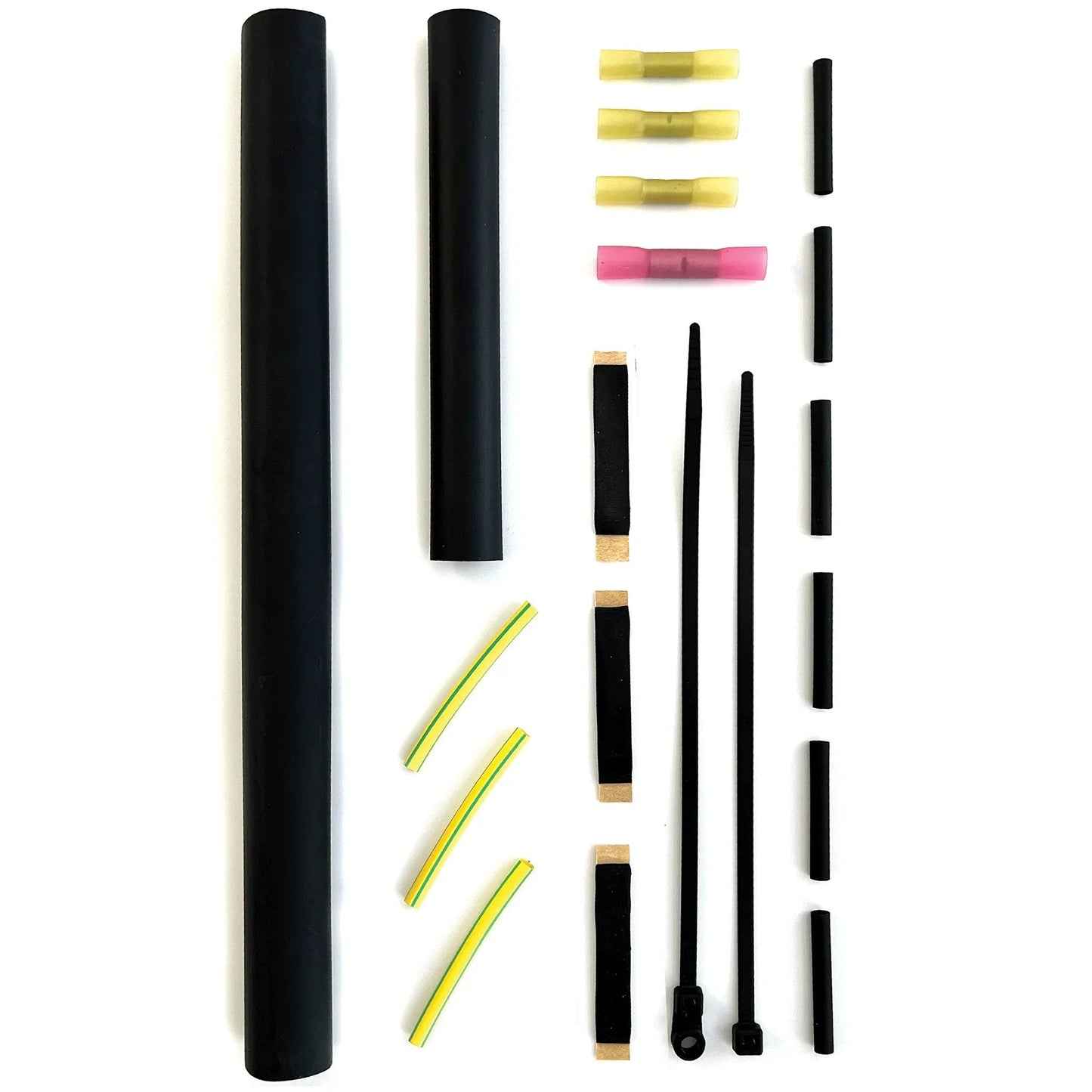 UL Listed Universal Tee And Splice Kit For 10-13mm Self Regulating Heat Cable Or Heat Tape, components laid out, black and yellow materials visible.