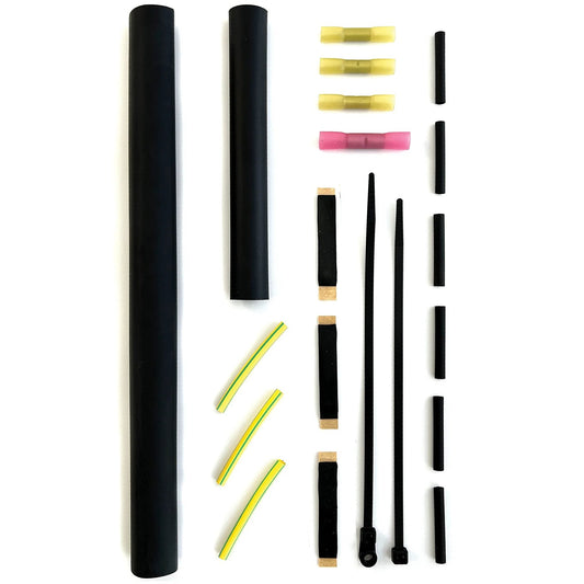 UL Listed Universal Tee And Splice Kit For 10-13mm Self Regulating Heat Cable Or Heat Tape, components laid out, black and yellow materials visible.
