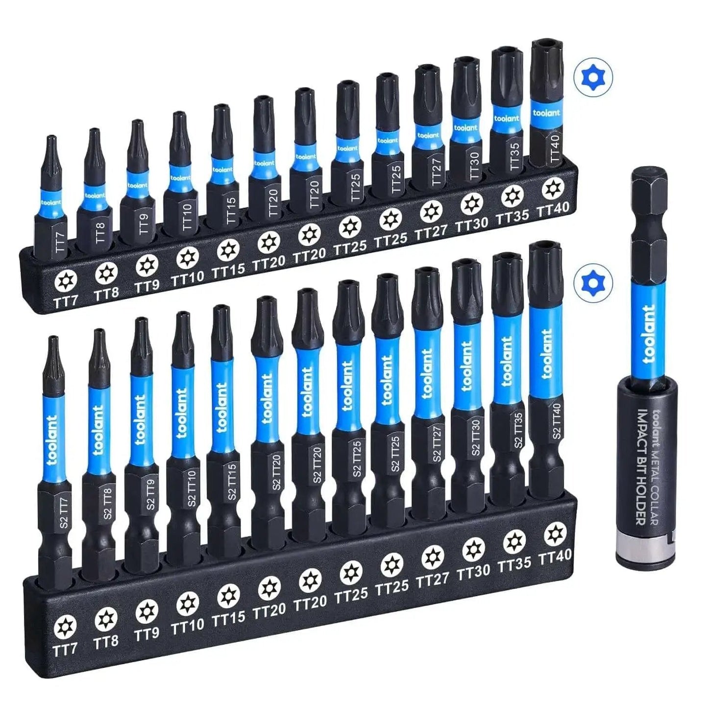 Impact Torx Bit Set 27 Pc Security Tamper Proof S2 Steel With CNC Machined Tips, 1 Inch And 2 Inch Long Bits For Impact Drivers, Magnetic Bit Holder, Storage Box, TT7 To TT40 displayed in organizer.