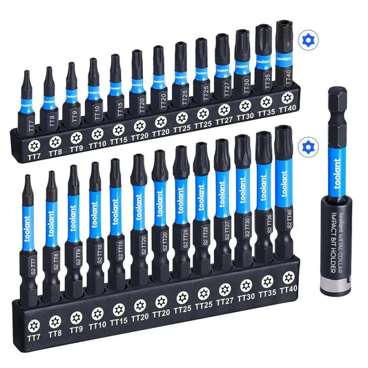 Impact Torx Bit Set 27 Pc Security Tamper Proof S2 Steel With CNC Machined Tips, 1 Inch And 2 Inch Long Bits For Impact Drivers, Magnetic Bit Holder, Storage Box, TT7 To TT40 displayed in organizer.