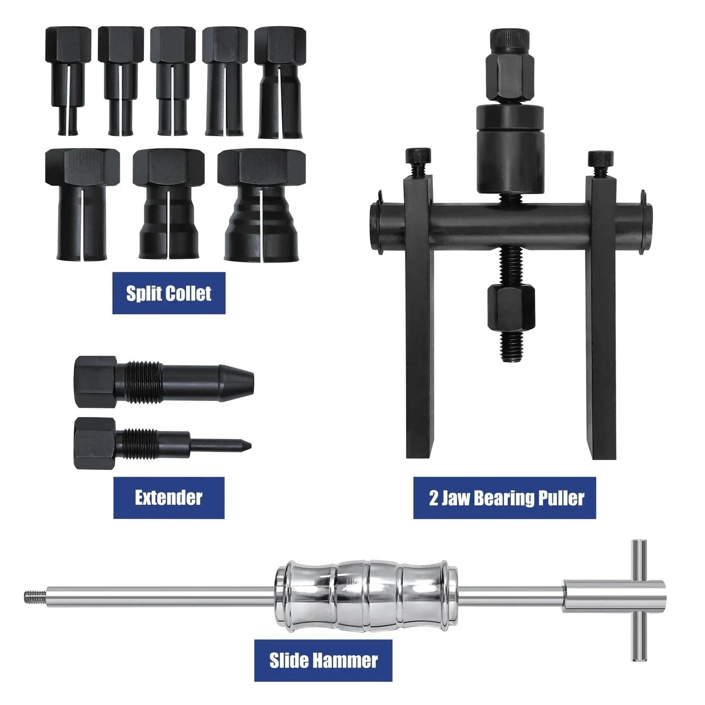 Motorcycle Bearing Puller Kit With Blind Puller And Slide Hammer Set, 12 piece set with eight collets, slide hammer, two jaw pullers
