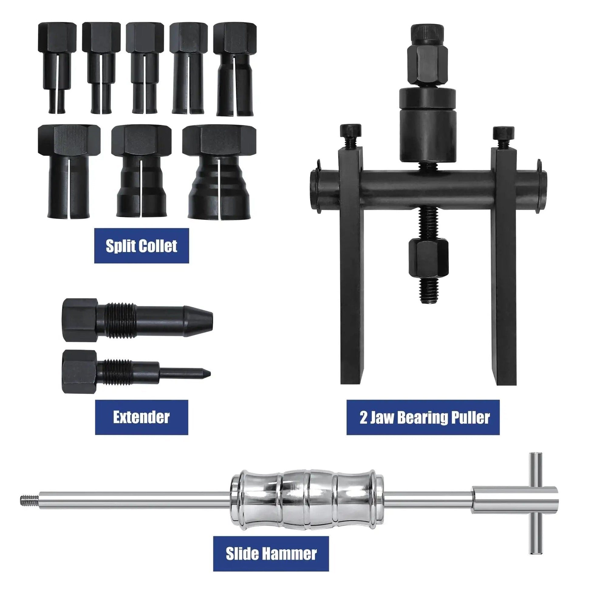 Motorcycle Bearing Puller Kit With Blind Puller And Slide Hammer Set, 12 piece set with eight collets, slide hammer, two jaw pullers
