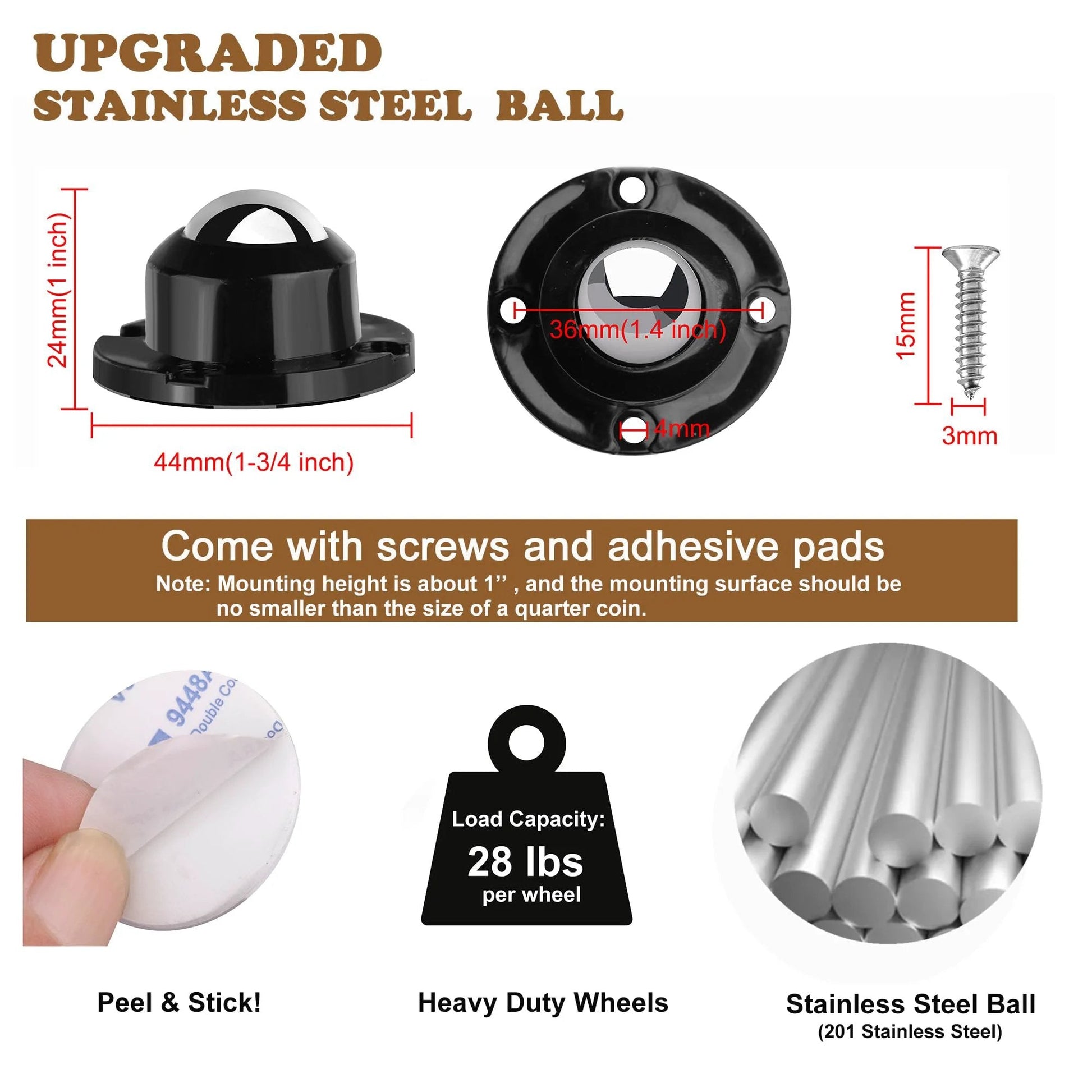 Anti Rust Stainless Steel Self Adhesive Caster Wheels Set 8 Pack For Mop Buckets, Kitchen Appliances, and Furniture details