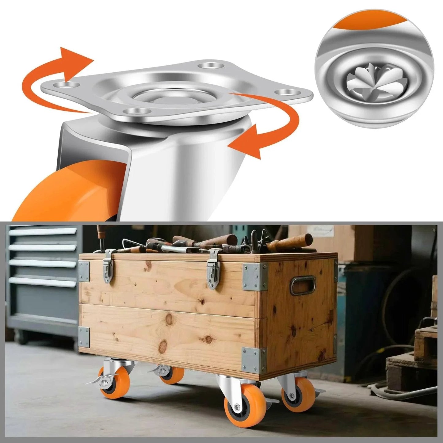 2.5 Inch Heavy Duty Caster Wheels Set of 4 with Brakes on a wooden cart showing swivel top plate and polyurethane wheels