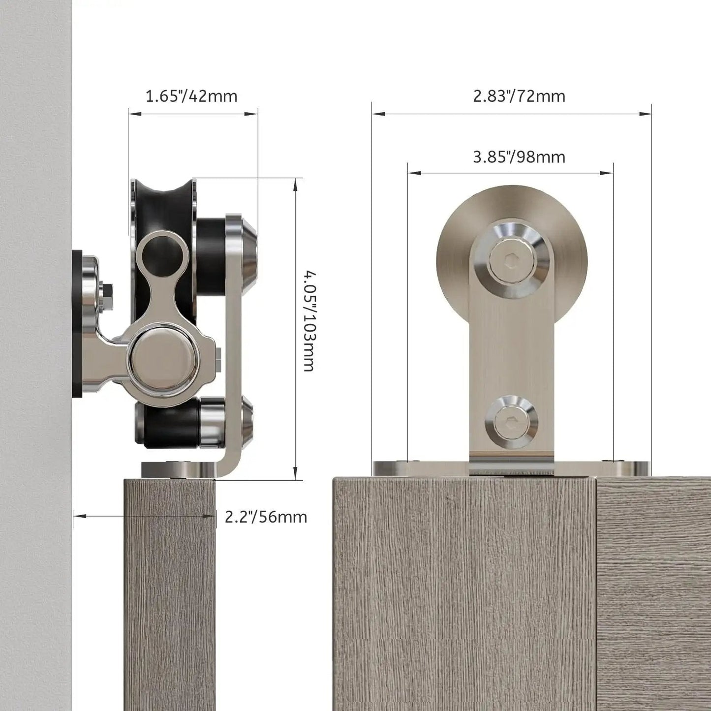 Side view of 5.5 Foot Stainless Steel Sliding Track Barn Door Hardware Kit For Single Door Heavy Duty, Quiet Smooth Roller Bearings installed