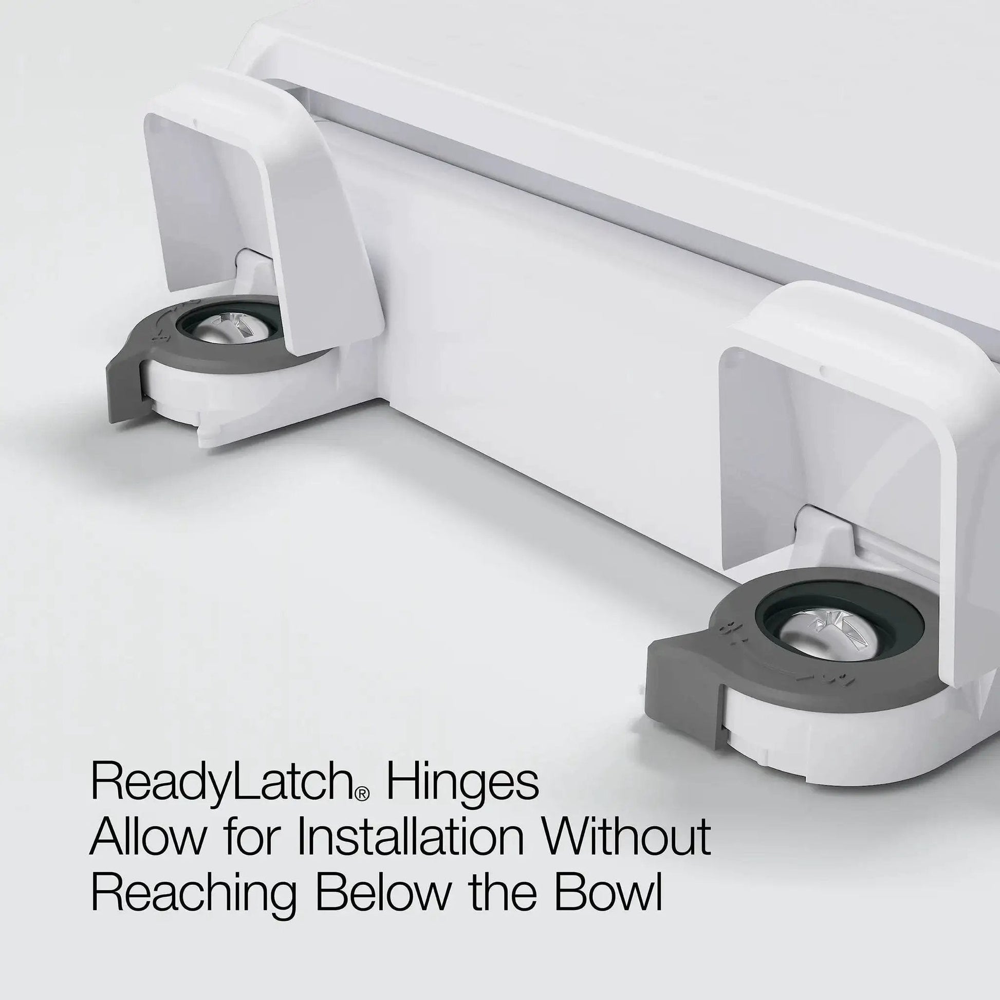 Close-up of Cachet ReadyLatch Elongated Toilet Seat With Soft Close Lid And Easy Install showing ReadyLatch hinges.