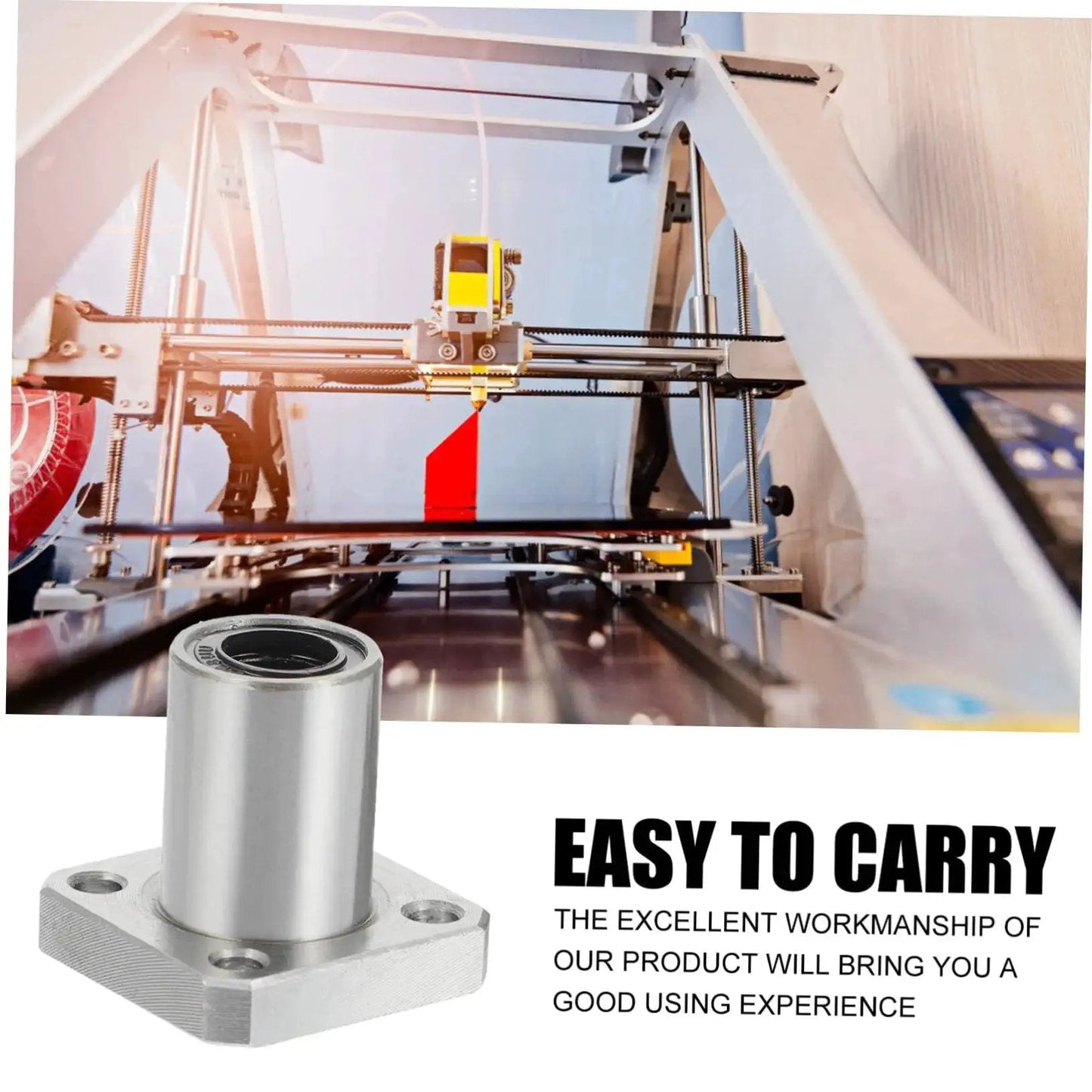 Two Pack Flange Linear Bearings for 3D Printers showcasing steel construction and precision in a 3D printing setup.