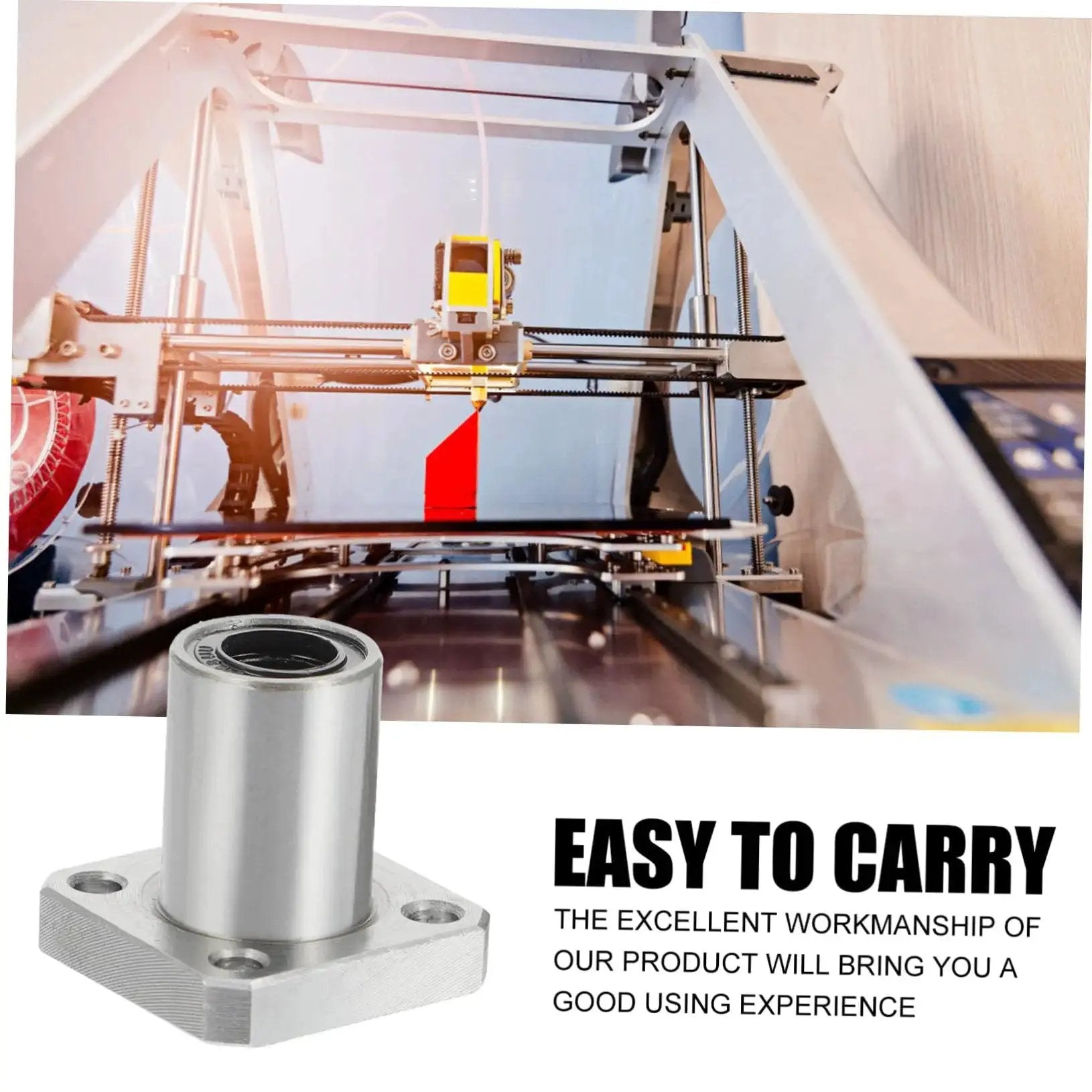 Two Pack Flange Linear Bearings for 3D Printers showcasing steel construction and precision in a 3D printing setup.