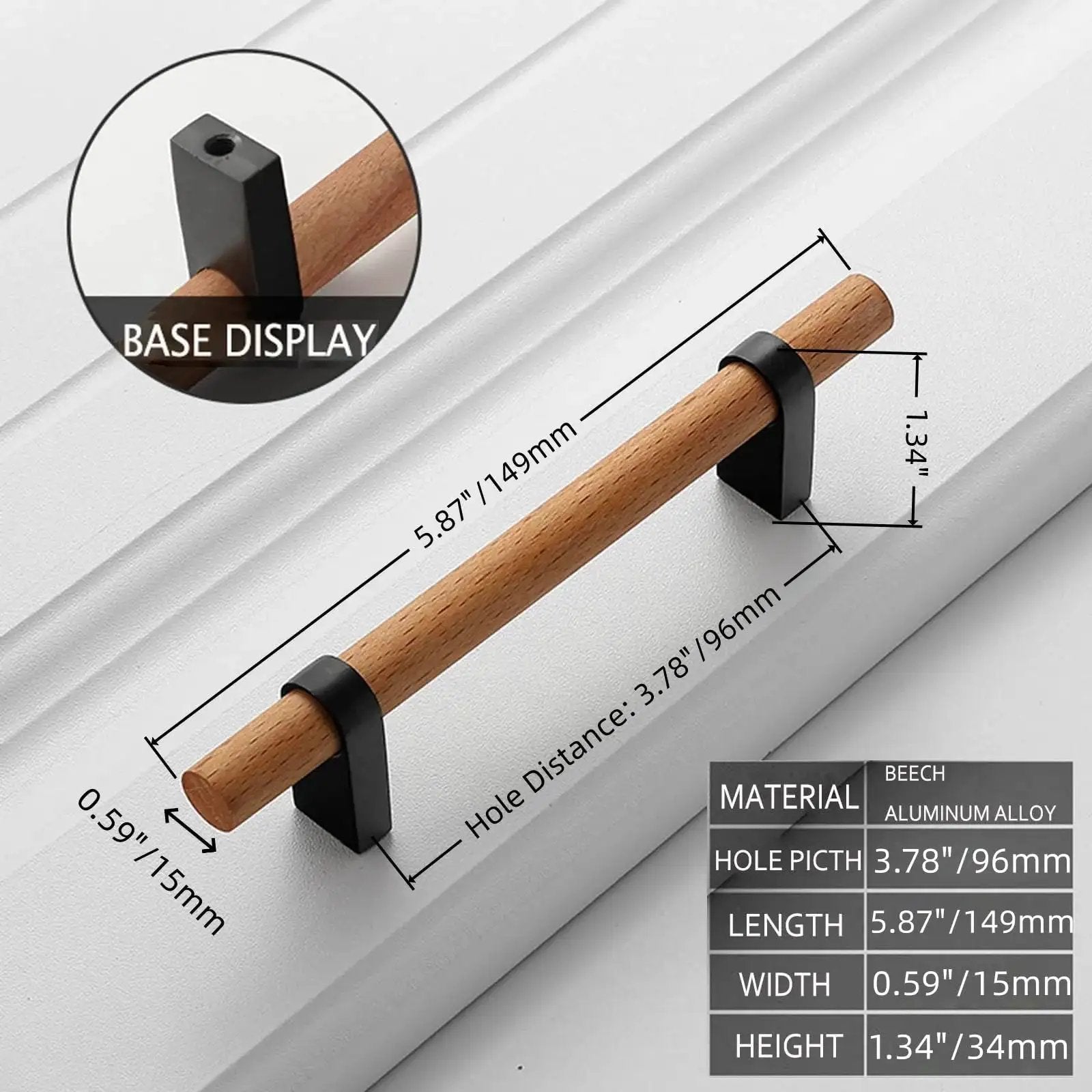 Black T Bar Cabinet Pulls 3.78 Inch Hole Distance, Solid Wood With Aluminum Base, Dimensions 5.87 x 0.59 x 1.34 Inches, on Display
