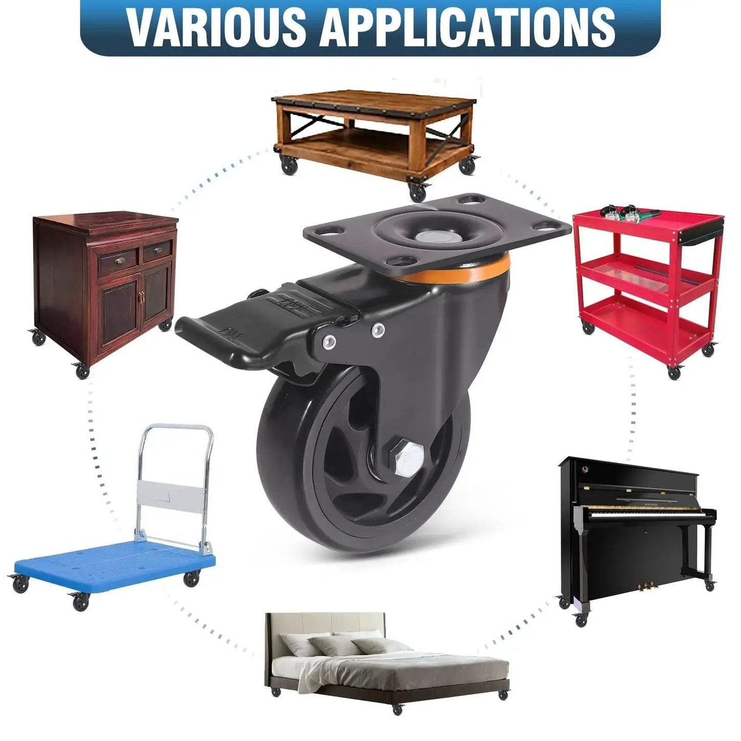 Collage showing 5 Inch Heavy Duty Caster Wheels Set Of 4 With Brakes And Dual Locking Safety Casters used on different furniture pieces.