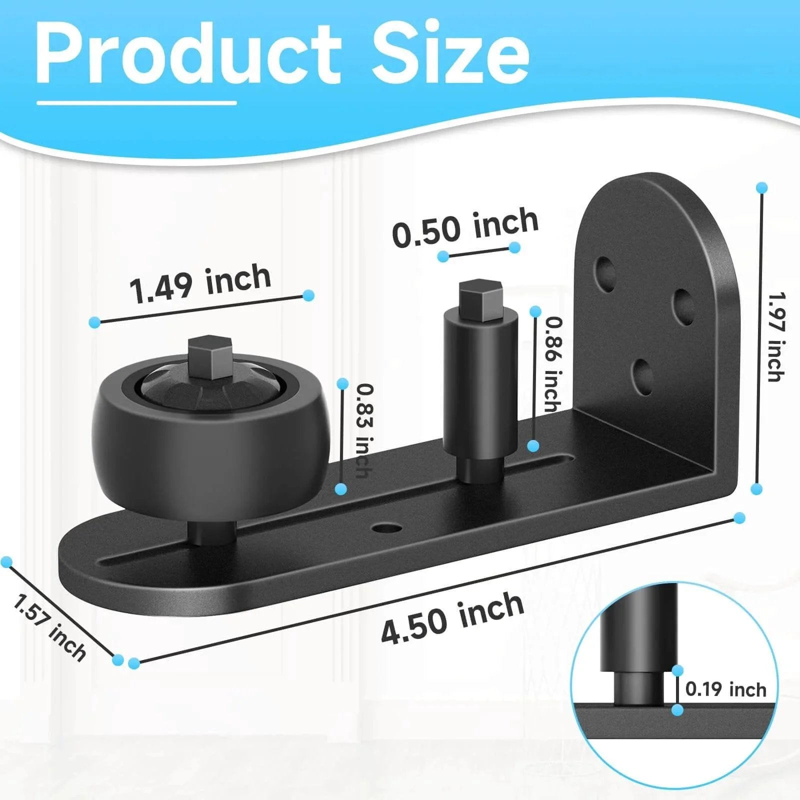 Sliding Barn Door Floor Guide With Adjustable Rubber Rollers, Flush Flat Bottom And Round Edge Design, product dimensions diagram